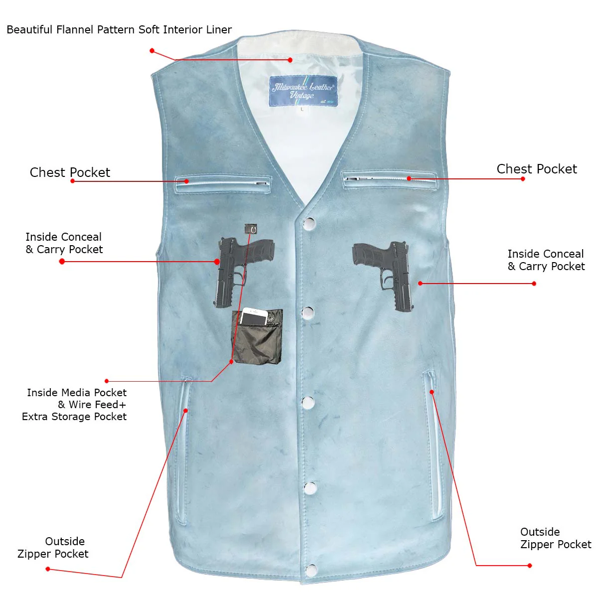 Milwaukee Leather MLM3518 Men's Gambler Snap Front Vintage Crazy Horse Brown Motorcycle Leather Vest - Image 8