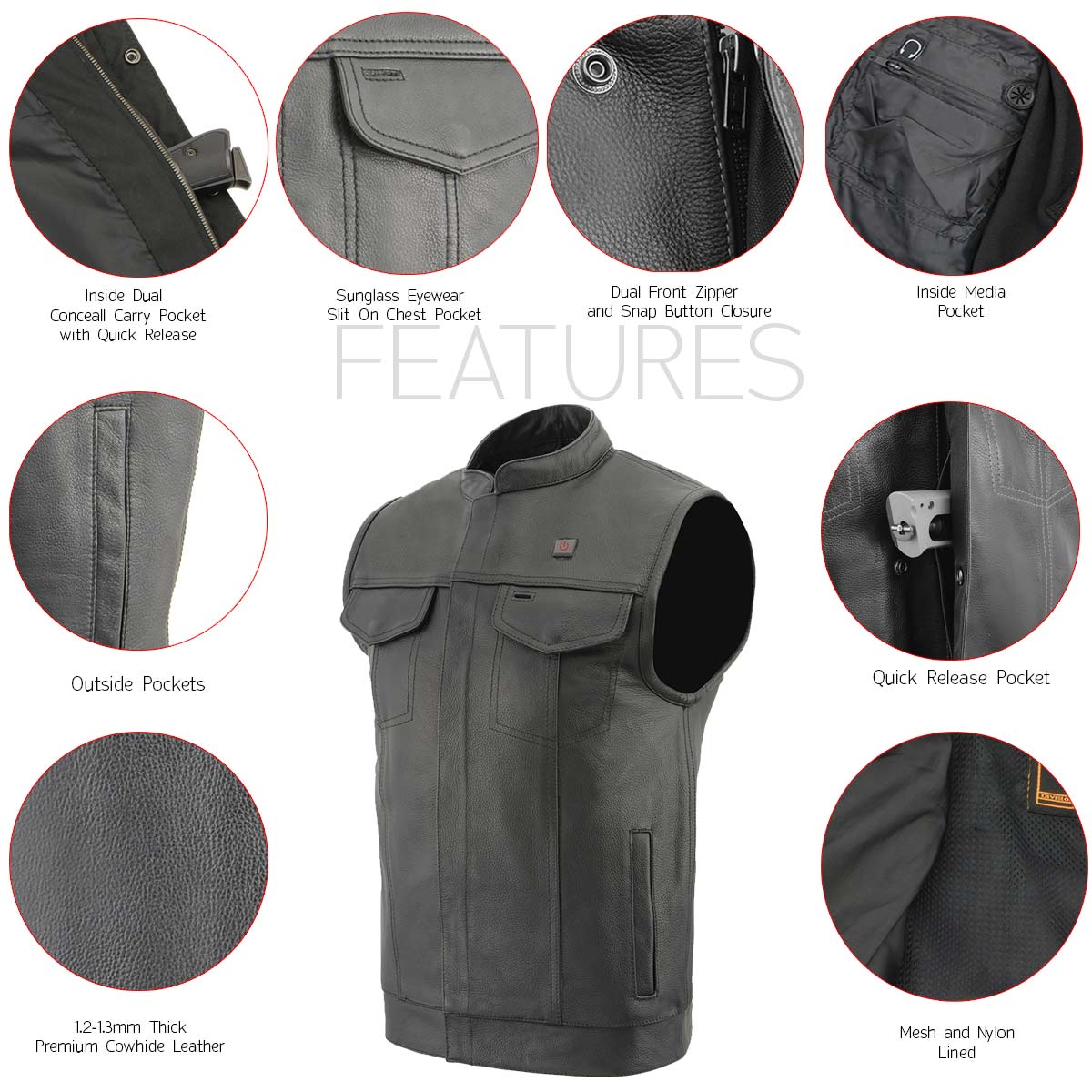 Milwaukee Leather MLM3524SET Men's All Season Black Premium Leather Motorcycle vest w/ Heated and Cool-Tec Technology - Image 5