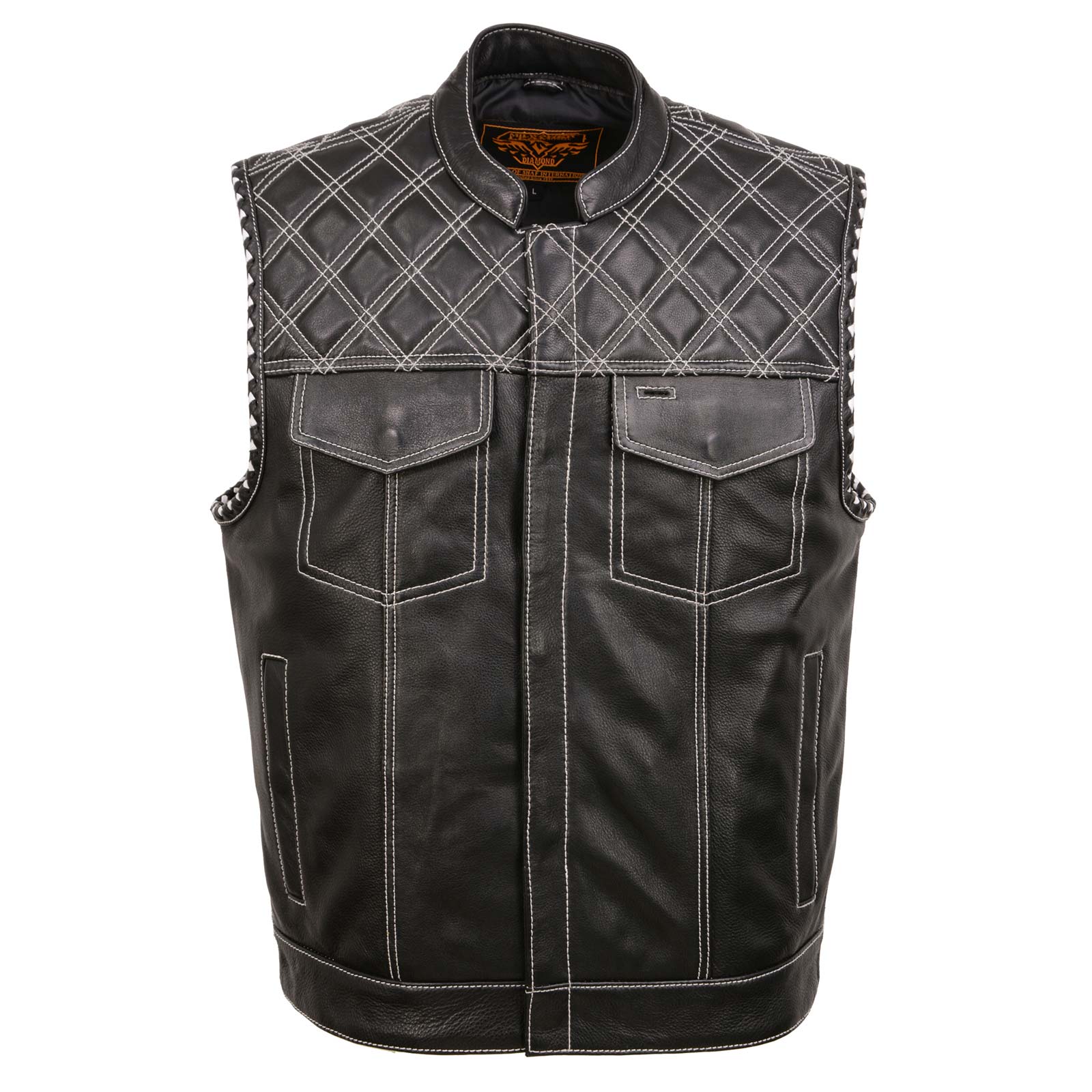 Milwaukee Leather MLM3525 Men's Black 'Paisley' Accented White Stitching Leather Vest – w/Armhole Trim Open Collar Design - Image 12