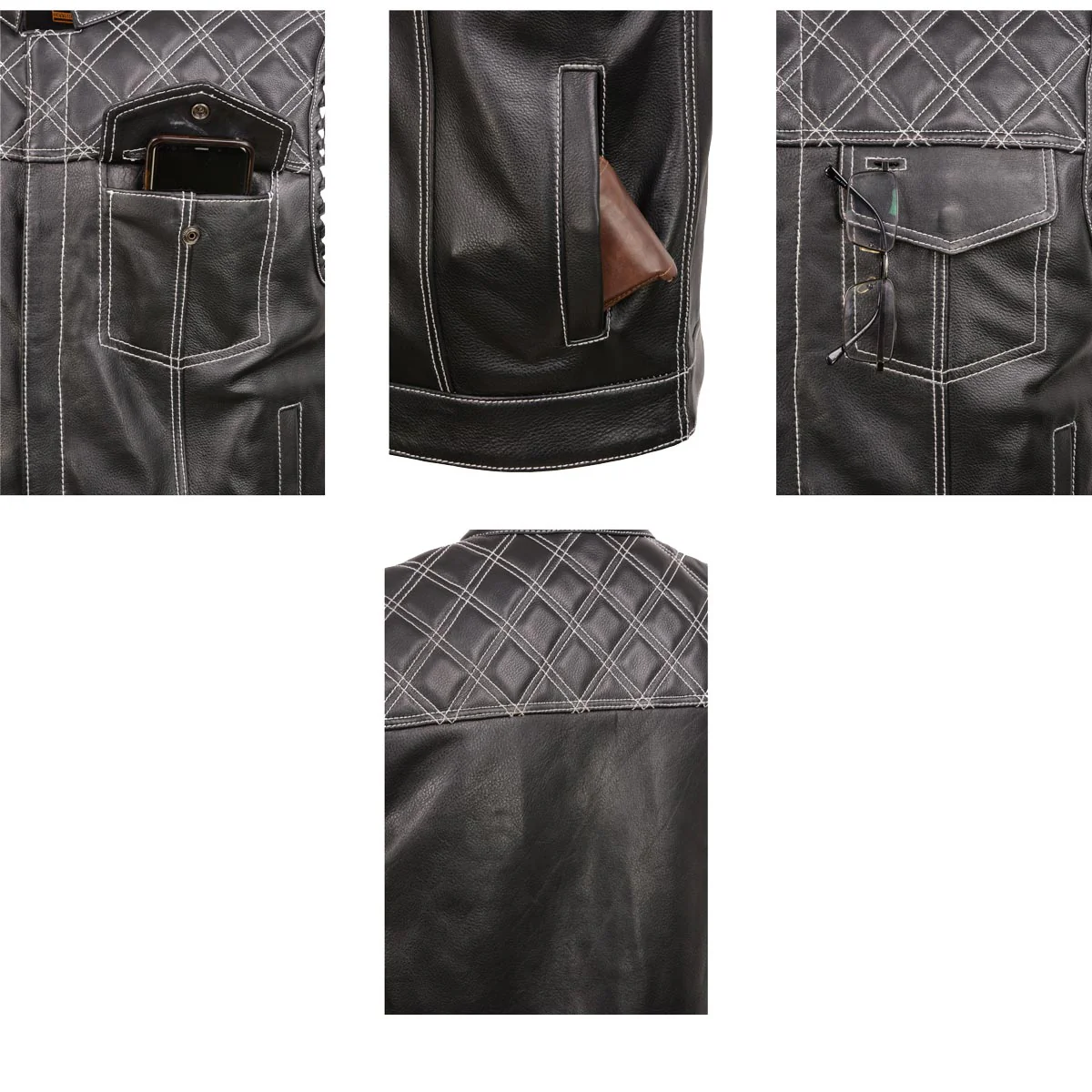 Milwaukee Leather MLM3525 Men's Black 'Paisley' Accented White Stitching Leather Vest – w/Armhole Trim Open Collar Design - Image 8