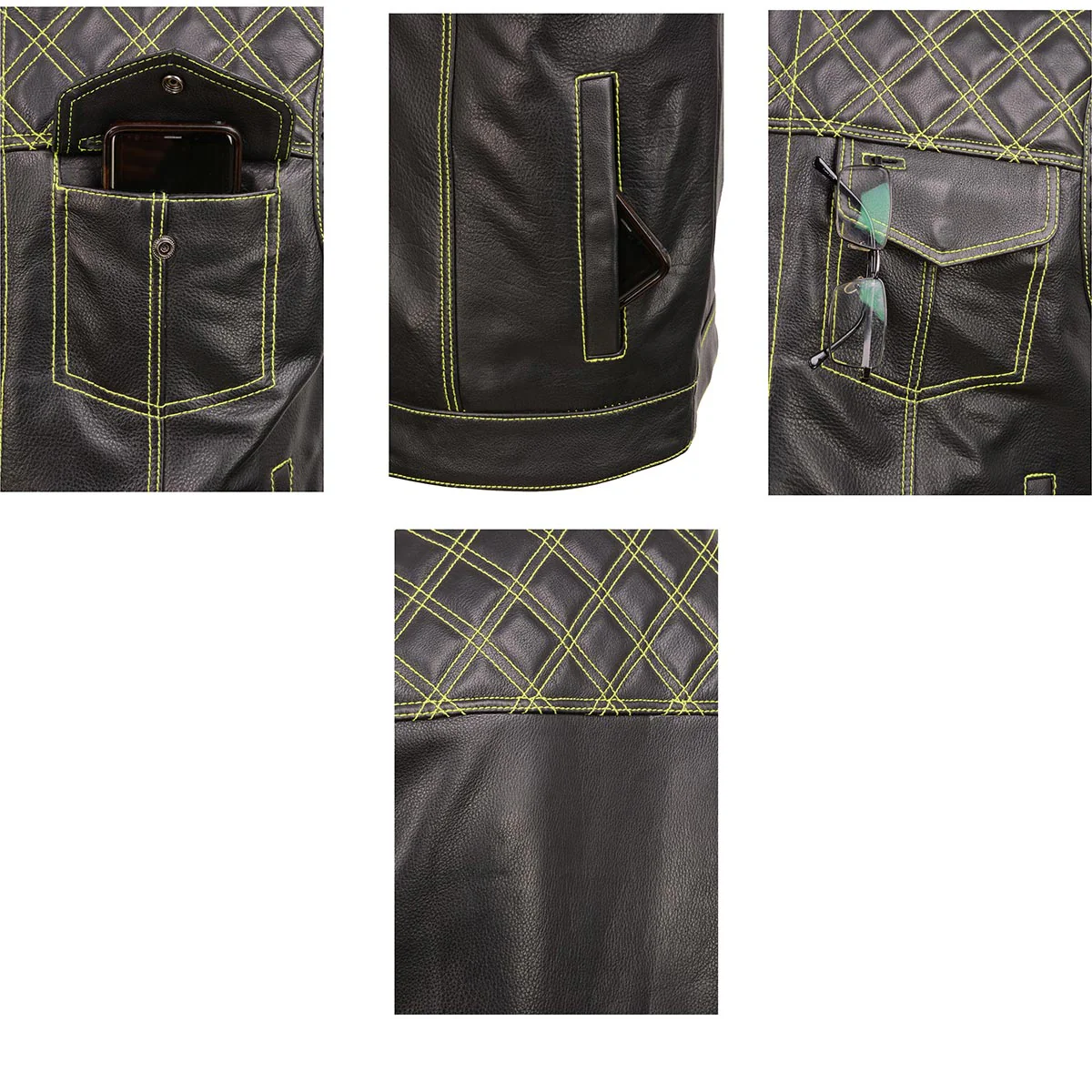 Milwaukee Leather MLM3528 Men's Black Paisley Lined Leather Vest w/ Neon Green Stitching & Armhole Trim - Image 8