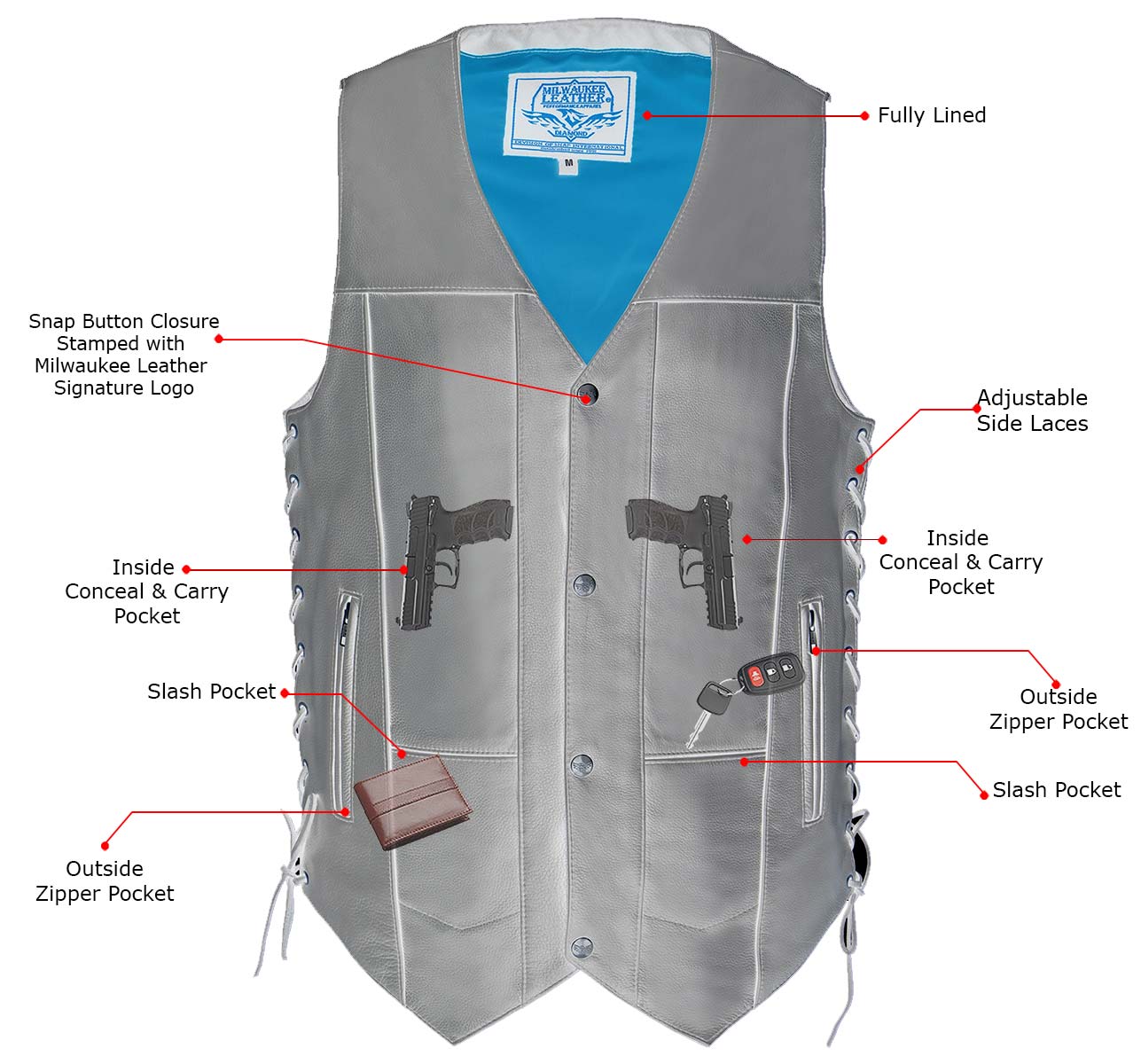 Milwaukee Leather MLM3541 Men's Roulette Black Premium Leather 10 Pocket Motorcycle Vest w/ Cool-Tec Leather Treatment - Image 4