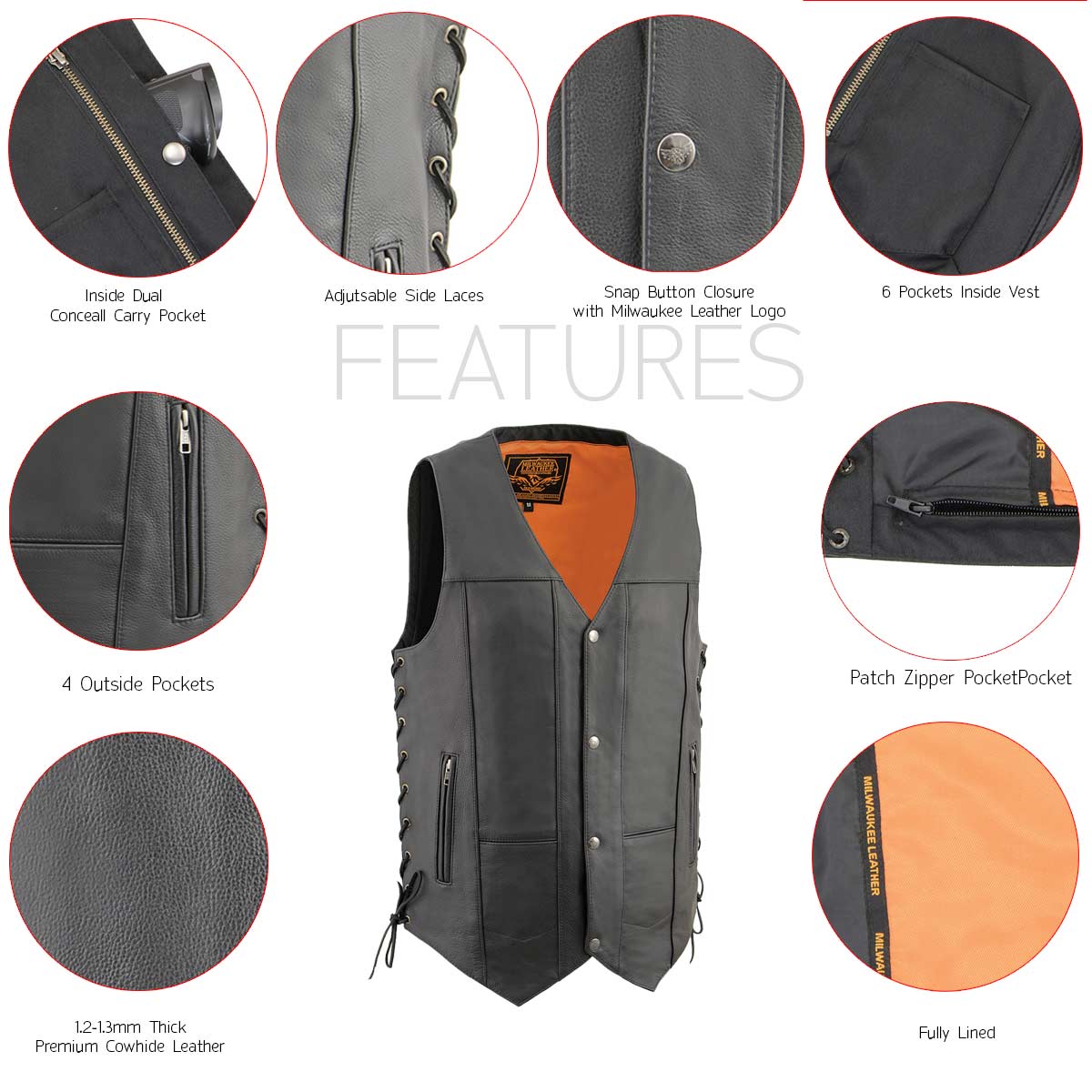 Milwaukee Leather MLM3541 Men's Roulette Black Premium Leather 10 Pocket Motorcycle Vest w/ Cool-Tec Leather Treatment - Image 5