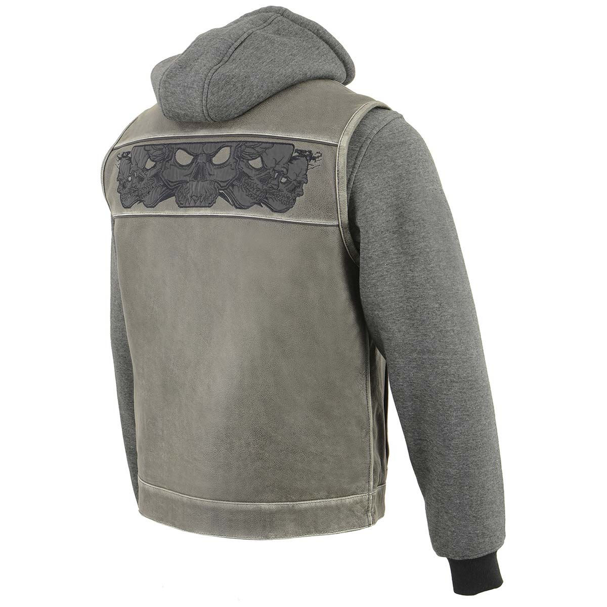 Milwaukee Leather MLM3562 Men's Leather Vest w/ Removeable Hoodie - Distress Grey Reflective Skulls Motorcycle Vest - Image 2