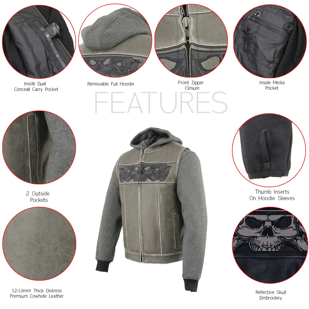 Milwaukee Leather MLM3562 Men's Leather Vest w/ Removeable Hoodie - Distress Grey Reflective Skulls Motorcycle Vest - Image 4