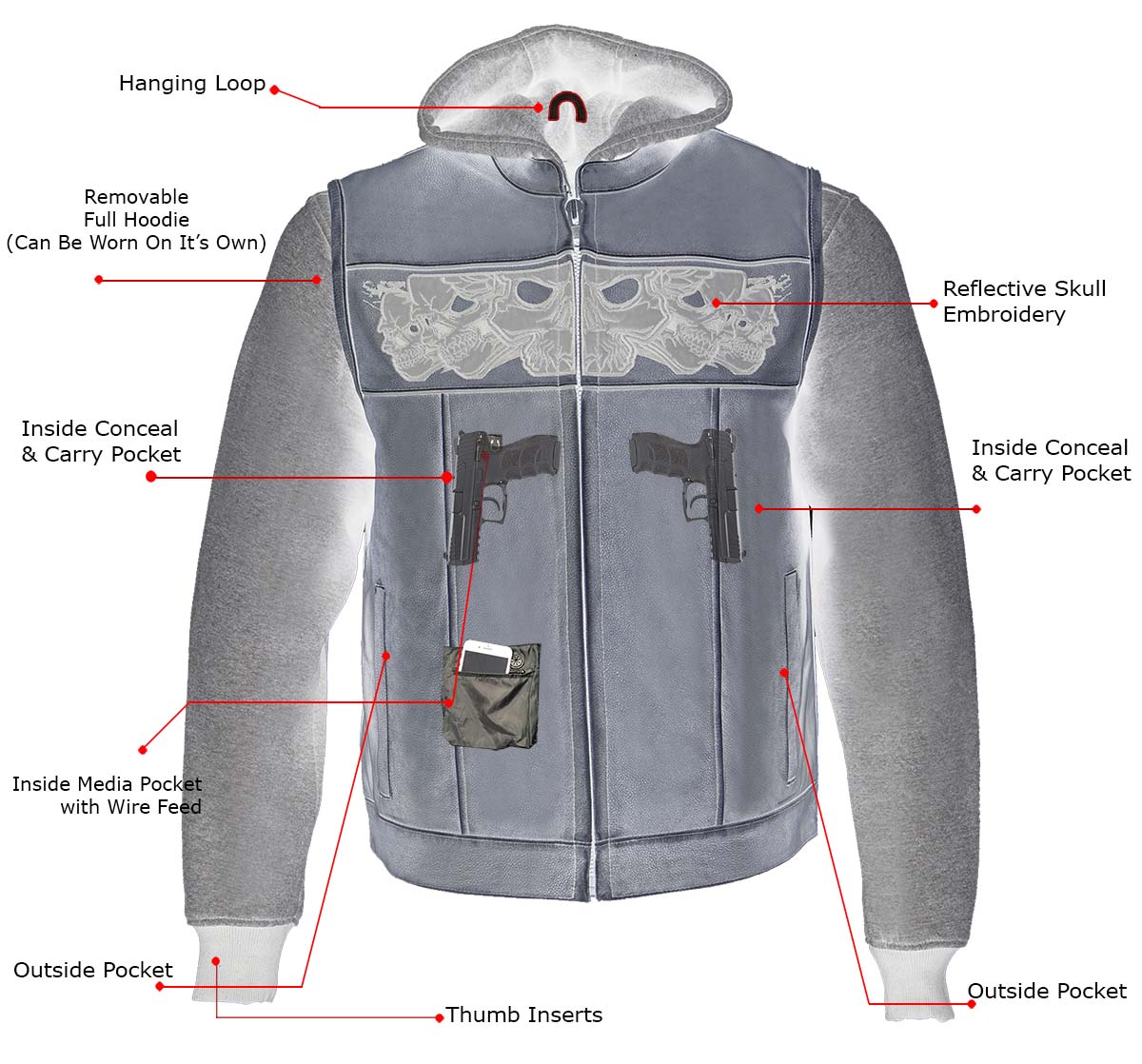 Milwaukee Leather MLM3562 Men's Leather Vest w/ Removeable Hoodie - Distress Grey Reflective Skulls Motorcycle Vest - Image 5
