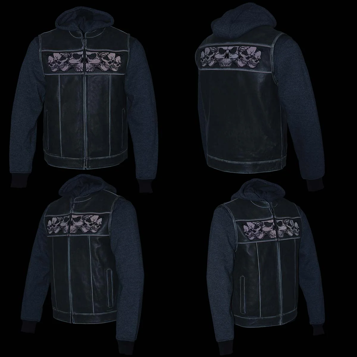 Milwaukee Leather MLM3562 Men's Leather Vest w/ Removeable Hoodie - Distress Grey Reflective Skulls Motorcycle Vest - Image 6
