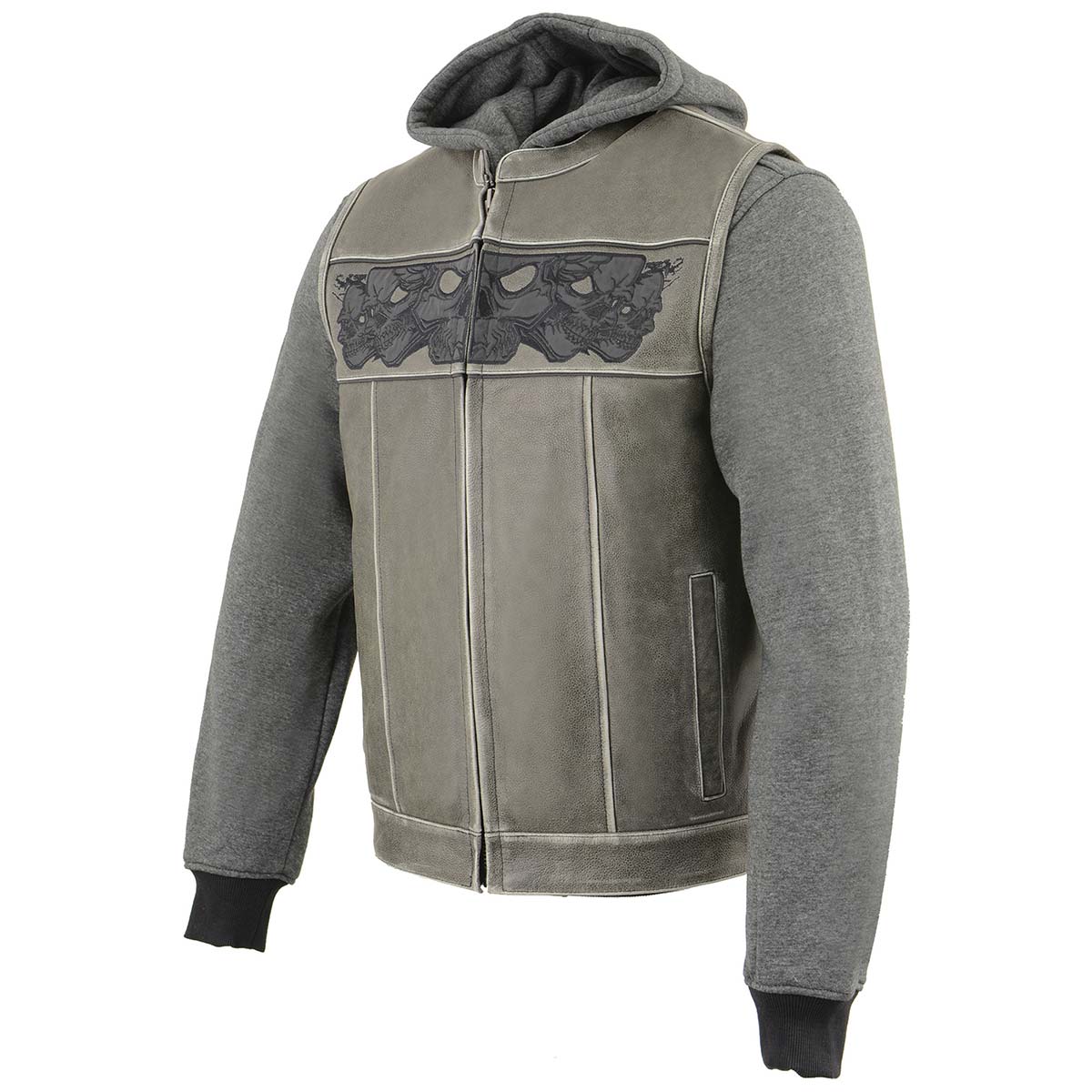 Milwaukee Leather MLM3562 Men's Leather Vest w/ Removeable Hoodie - Distress Grey Reflective Skulls Motorcycle Vest - Image 8