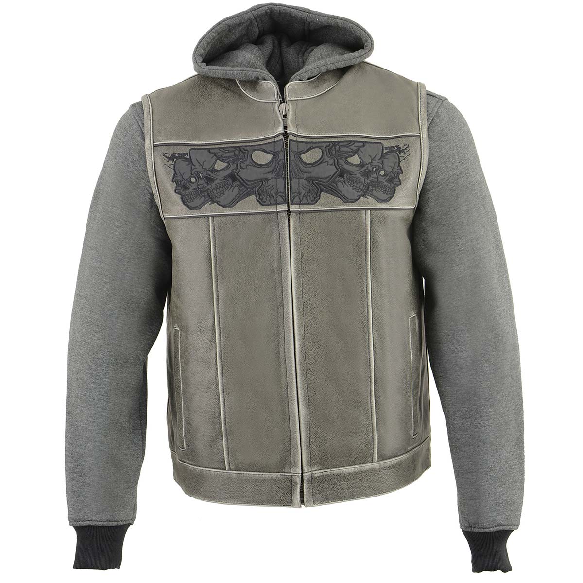 Milwaukee Leather MLM3562 Men's Leather Vest w/ Removeable Hoodie - Distress Grey Reflective Skulls Motorcycle Vest - Image 9