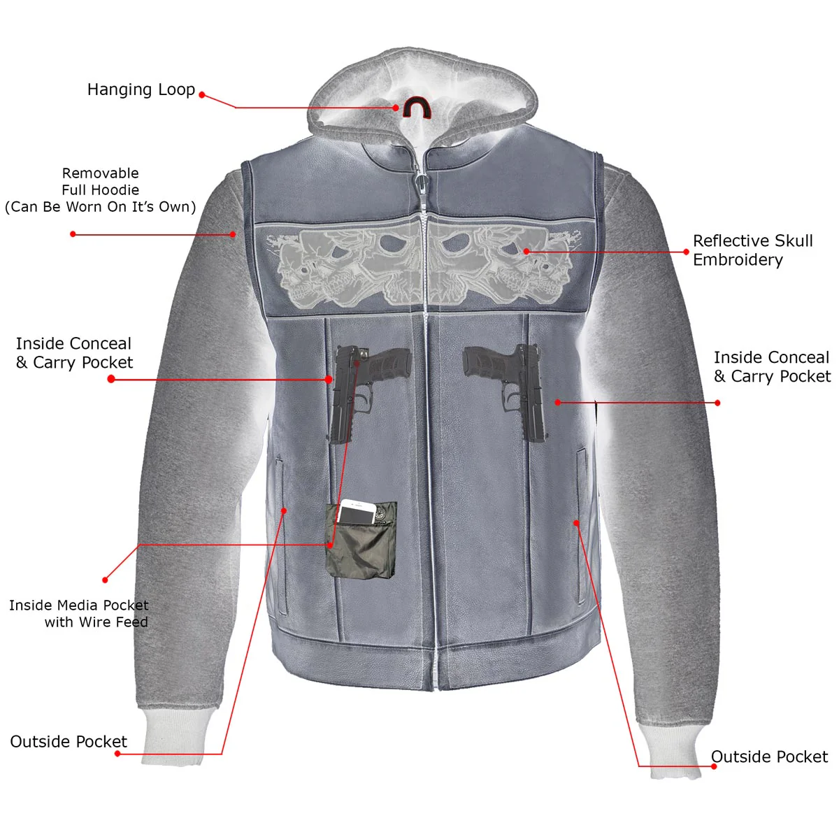 Milwaukee Leather MLM3563 Men's Leather Vest w/ Removeable Hoodie - Black 2 in 1 Reflective Skulls Motorcycle Vest - Image 4