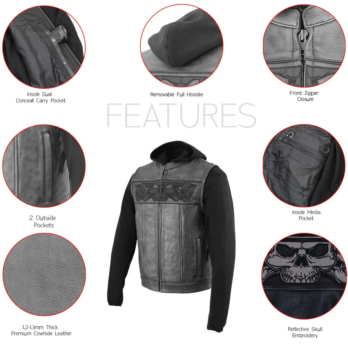Milwaukee Leather MLM3563 Men's Leather Vest w/ Removeable Hoodie - Black 2 in 1 Reflective Skulls Motorcycle Vest - Image 5