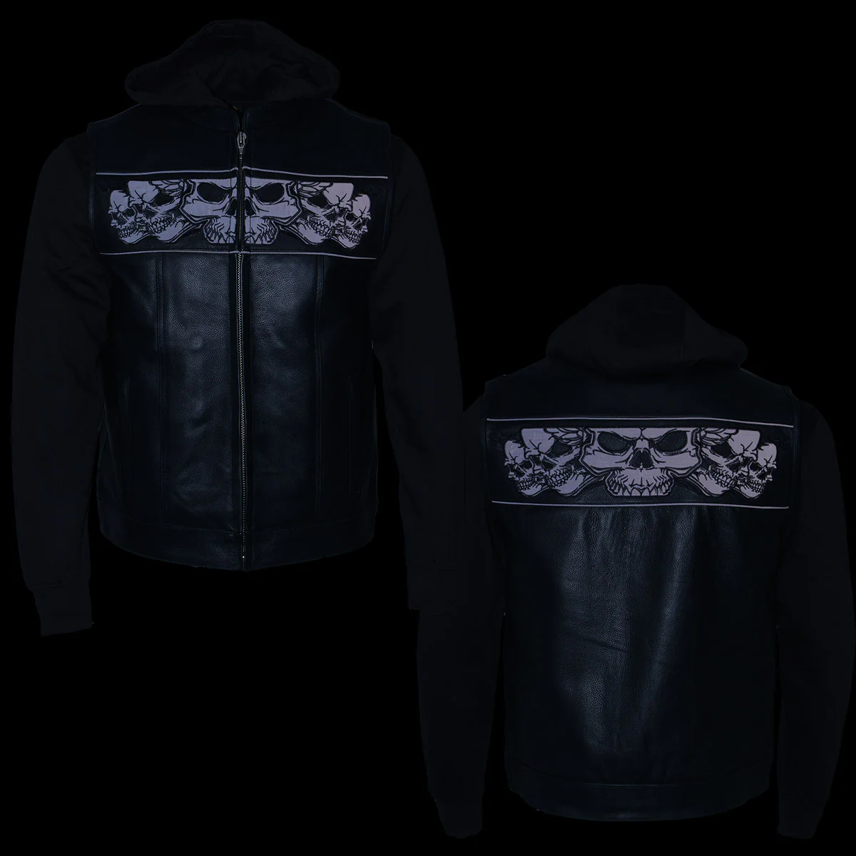 Milwaukee Leather MLM3563 Men's Leather Vest w/ Removeable Hoodie - Black 2 in 1 Reflective Skulls Motorcycle Vest - Image 6