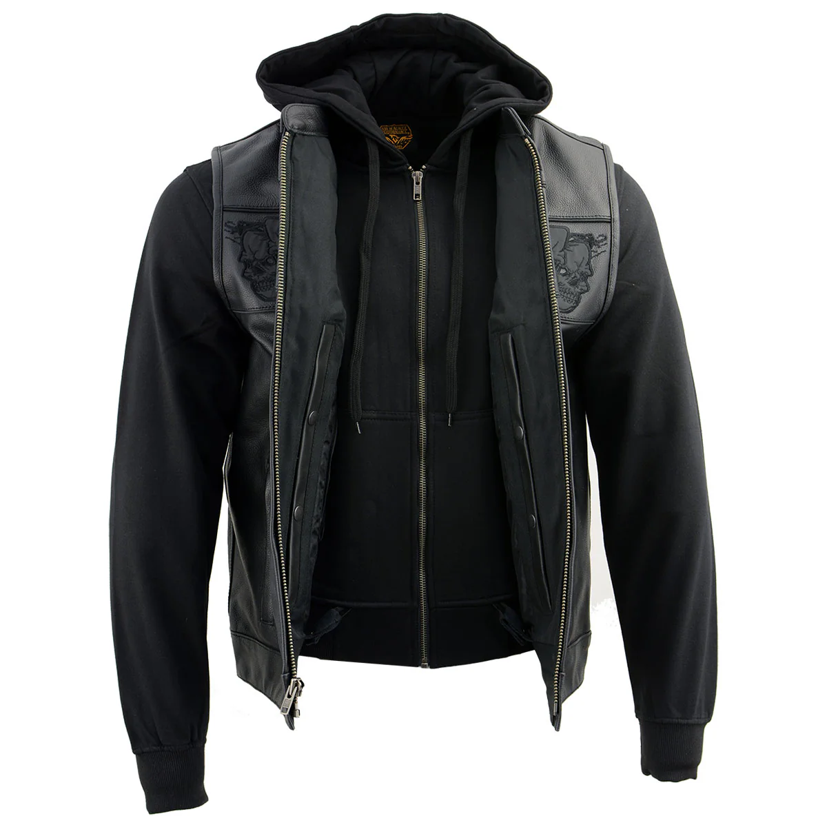 Milwaukee Leather MLM3563 Men's Leather Vest w/ Removeable Hoodie - Black 2 in 1 Reflective Skulls Motorcycle Vest - Image 7