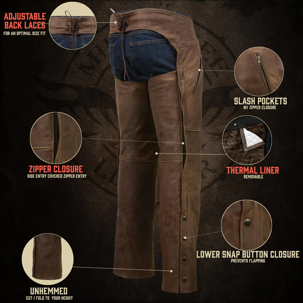 Milwaukee Leather Chaps for Men's Vintage Crazy Horse Brown Leather- Snap Out Thermal Lined Motorcycle Chap MLM5518 - Image 15