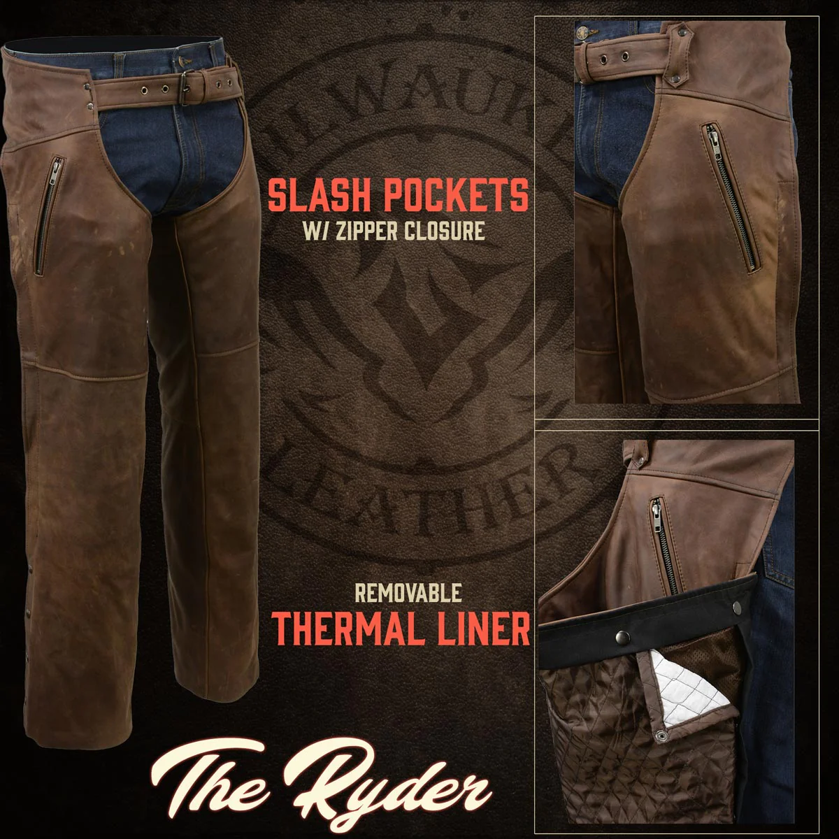 Milwaukee Leather Chaps for Men's Vintage Crazy Horse Brown Leather- Snap Out Thermal Lined Motorcycle Chap MLM5518 - Image 16