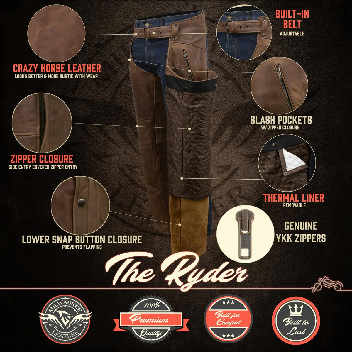 Milwaukee Leather Chaps for Men's Vintage Crazy Horse Brown Leather- Snap Out Thermal Lined Motorcycle Chap MLM5518 - Image 2