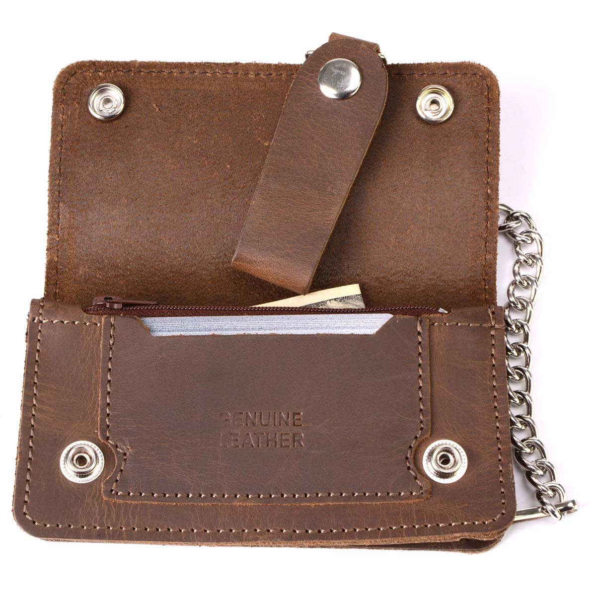Milwaukee Leather MLW7817 Men's 8” Distress Brown Leather Bi-Fold Biker Wallet w/ Anti-Theft Stainless Steel Chain - Image 7