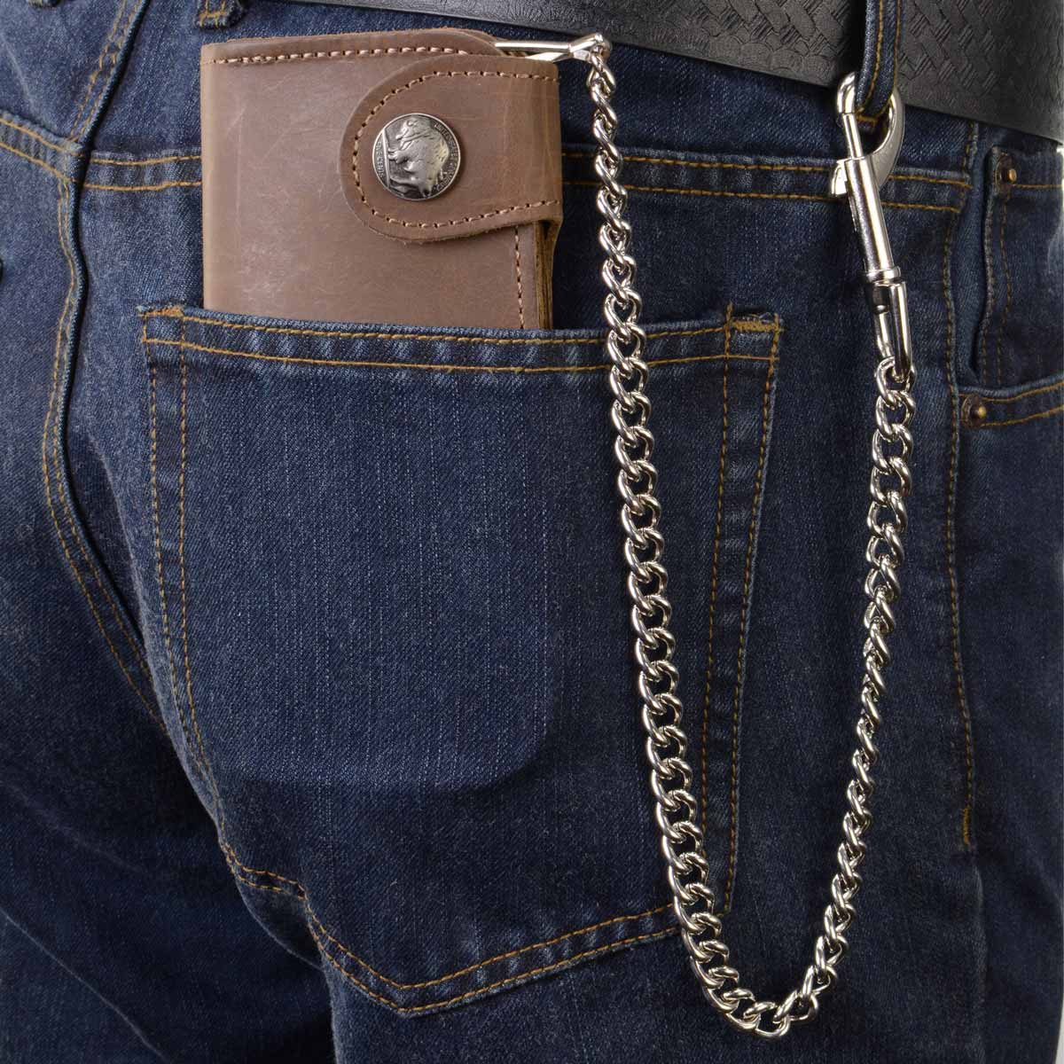 Milwaukee Leather MLW7829 Men's 7" Brown Leather Bi-Fold Biker Wallet w/ Anti-Theft Stainless Steel Chain and Buffalo Nickel Snap - Image 2