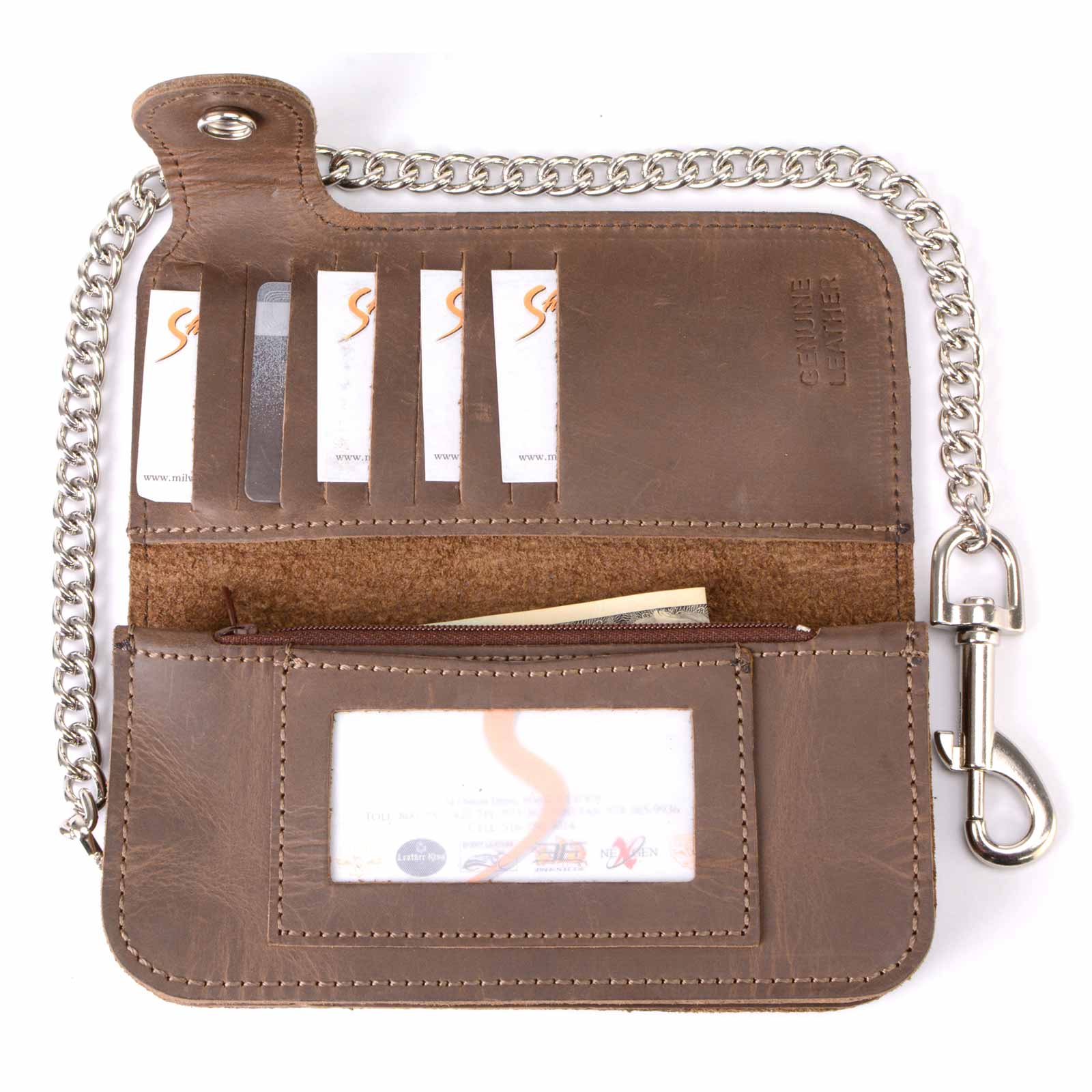 Milwaukee Leather MLW7829 Men's 7" Brown Leather Bi-Fold Biker Wallet w/ Anti-Theft Stainless Steel Chain and Buffalo Nickel Snap - Image 4