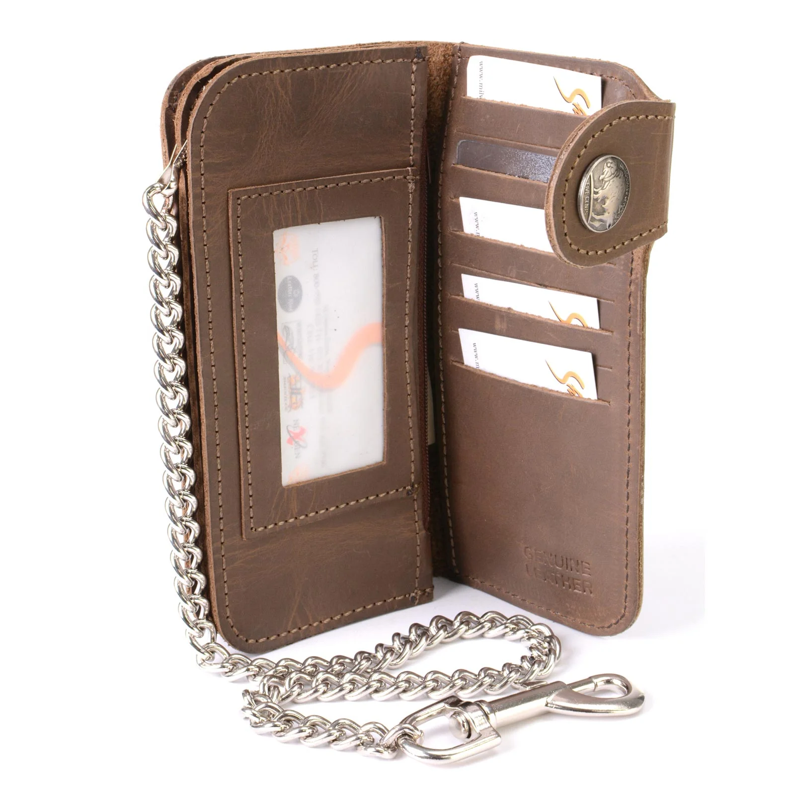 Milwaukee Leather MLW7829 Men's 7" Brown Leather Bi-Fold Biker Wallet w/ Anti-Theft Stainless Steel Chain and Buffalo Nickel Snap - Image 5
