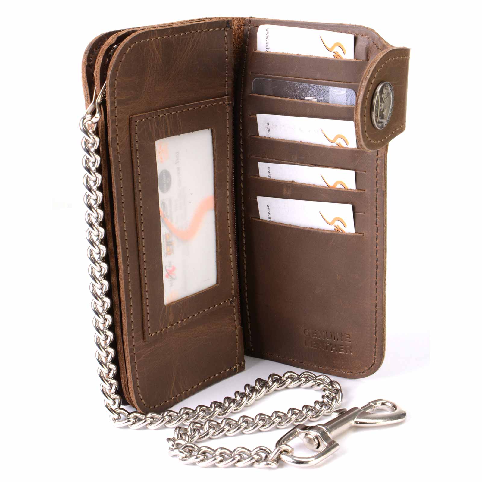 Milwaukee Leather MLW7829 Men's 7" Brown Leather Bi-Fold Biker Wallet w/ Anti-Theft Stainless Steel Chain and Buffalo Nickel Snap - Image 9