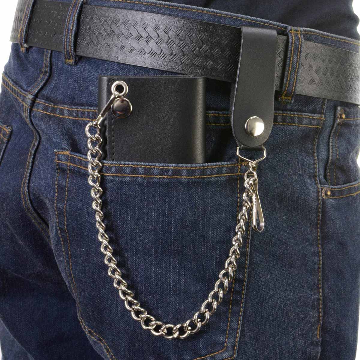 Milwaukee Leather MLW7831 Men's 4" Classic Black Plain Genuine Leather Tri-Fold Biker Wallet w/ Anti-Theft Stainless Steel Chain - Image 2