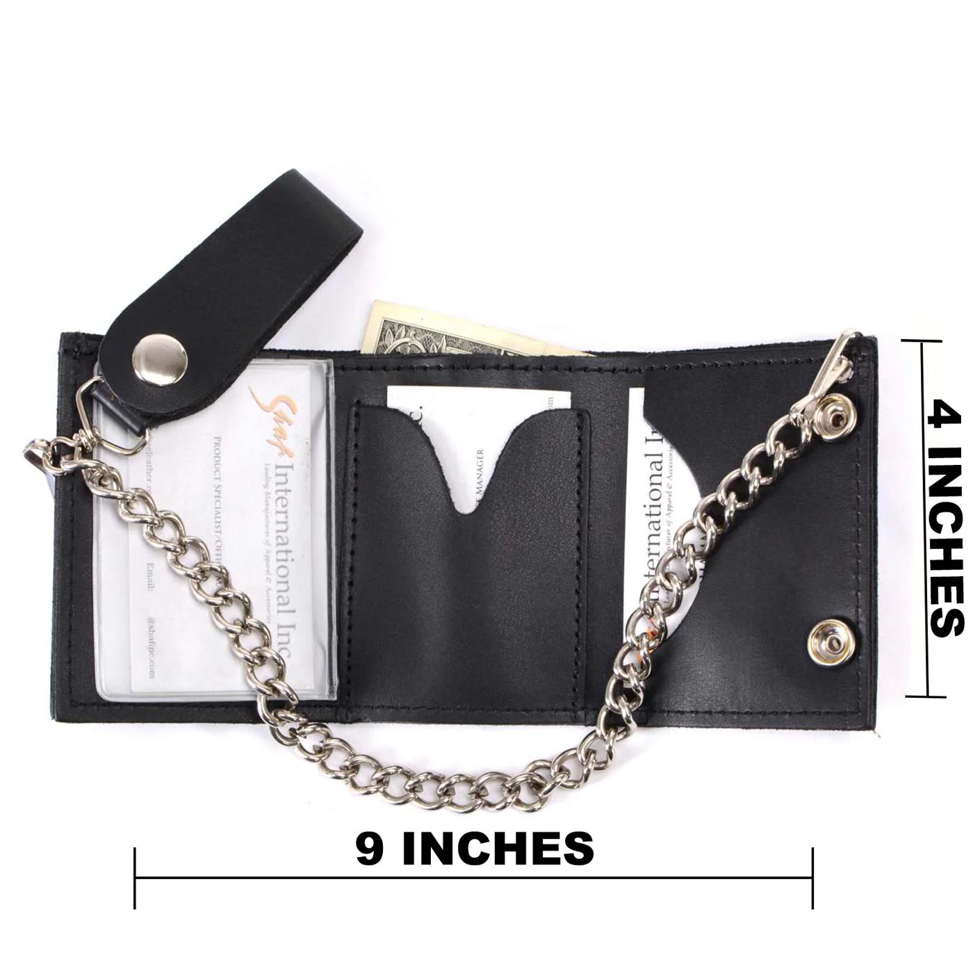 Milwaukee Leather MLW7831 Men's 4" Classic Black Plain Genuine Leather Tri-Fold Biker Wallet w/ Anti-Theft Stainless Steel Chain - Image 3