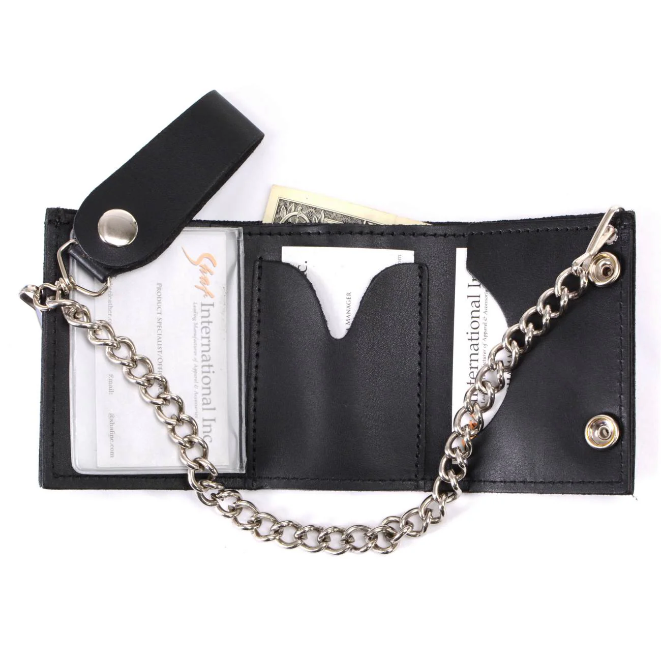 Milwaukee Leather MLW7831 Men's 4" Classic Black Plain Genuine Leather Tri-Fold Biker Wallet w/ Anti-Theft Stainless Steel Chain - Image 6