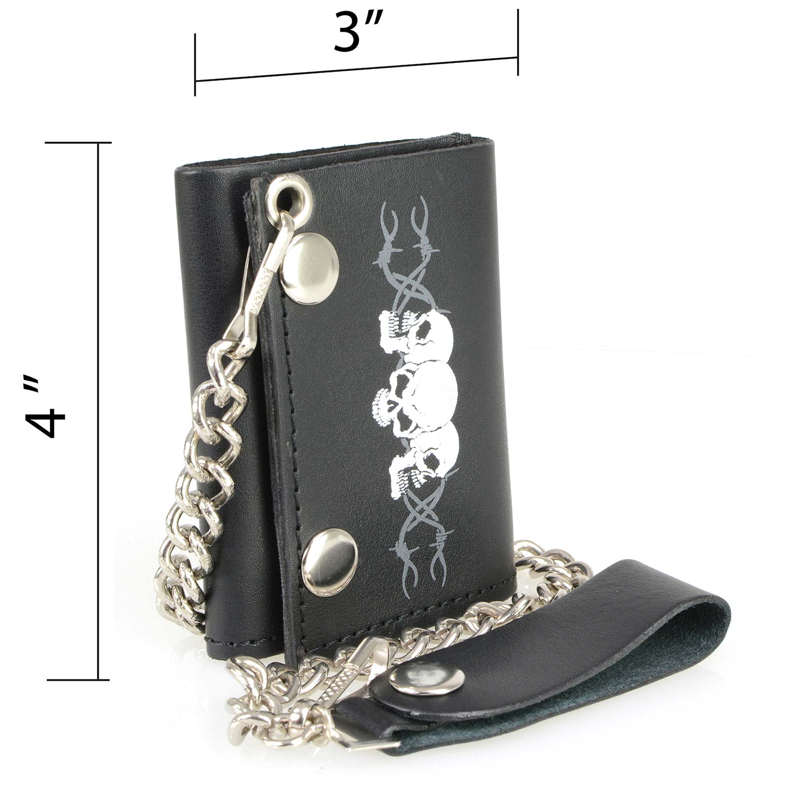 Milwaukee Leather MLW7836 Men's 4” Leather “Triple Skull” Tri-Fold Wallet w/ Anti-Theft Stainless Steel Chain - Image 4