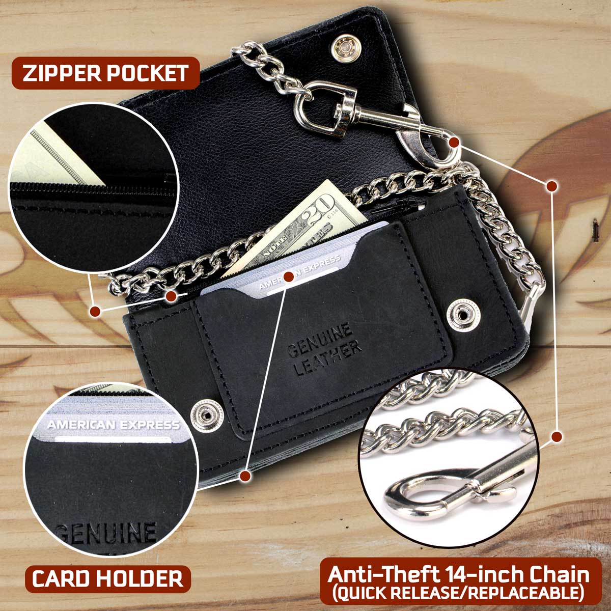 Milwaukee Leather MLW7890 Men's 6" Leather Bi-Fold Biker Wallet w/ Anti-Theft Stainless Steel Chain and Zipper Pocket - Image 2