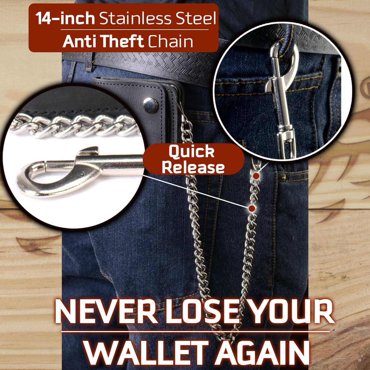 Milwaukee Leather MLW7890 Men's 6" Leather Bi-Fold Biker Wallet w/ Anti-Theft Stainless Steel Chain and Zipper Pocket - Image 3