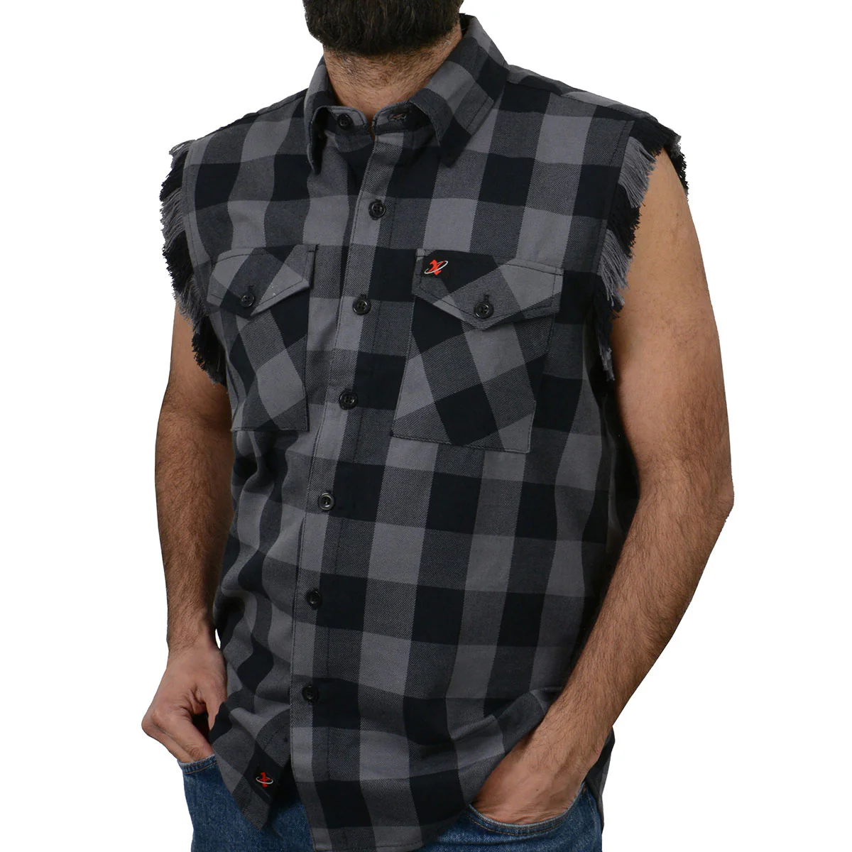 Milwaukee Leather MNG11689 Men’s Classic Black and Grey Button-Down Flannel Cut Off Frayed Sleeveless Casual Shirt - Image 7