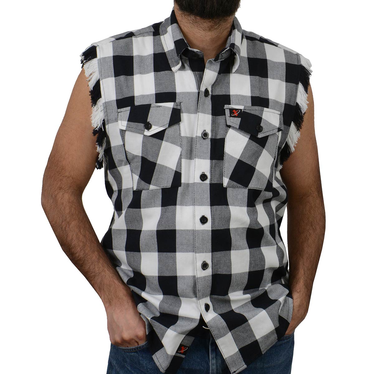 Milwaukee Leather MNG11690 Men’s Classic Black and White Button-Down Flannel Cut Off Frayed Sleeveless Casual Shirt - Image 4