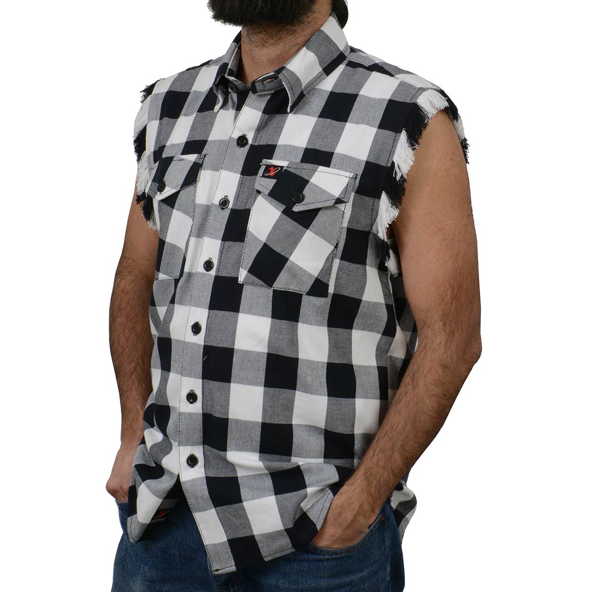 Milwaukee Leather MNG11690 Men’s Classic Black and White Button-Down Flannel Cut Off Frayed Sleeveless Casual Shirt - Image 9