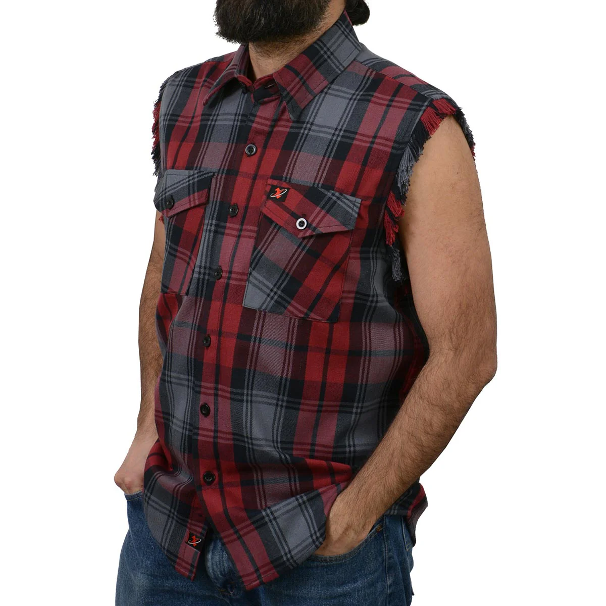 Milwaukee Leather MNG11696 Men’s Classic Black and Grey with Red Button-Down Flannel Cut Off Frayed Sleeveless Casual Shirt - Image 5