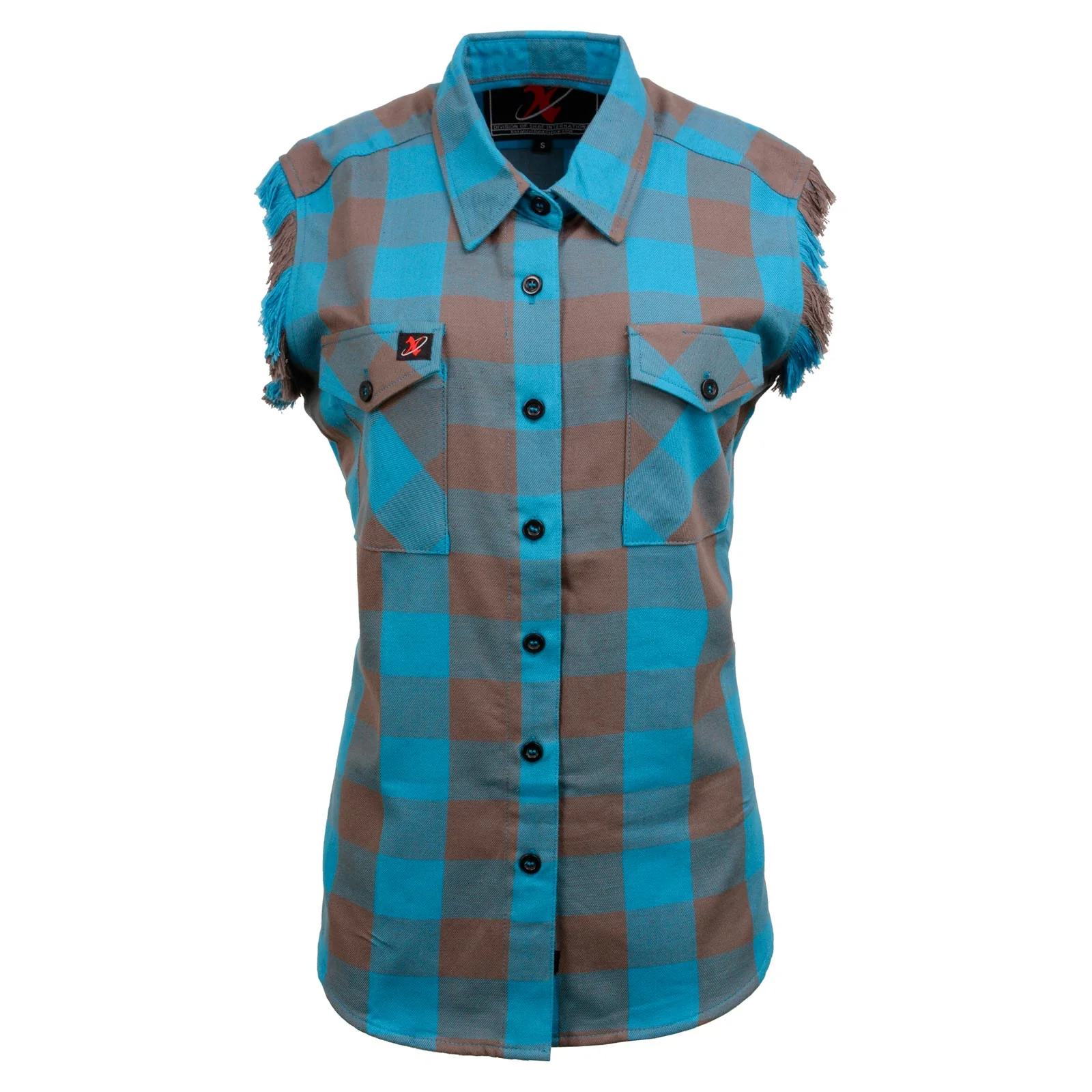 Milwaukee Leather MNG21623 Women's Flannel Brown/Aqua Button Down Sleeveless Cut Off Shirt w/ Frill Arm - Image 13