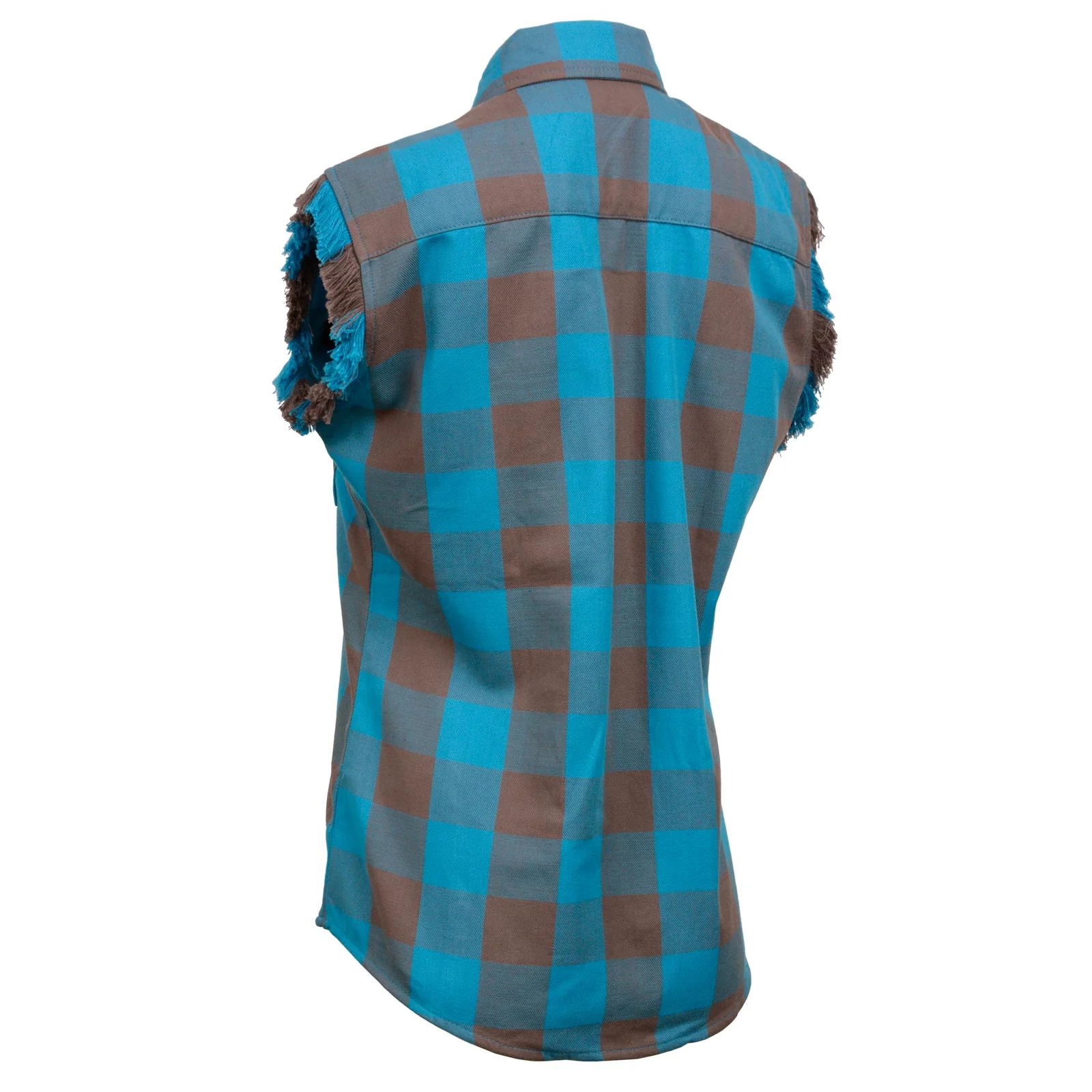 Milwaukee Leather MNG21623 Women's Flannel Brown/Aqua Button Down Sleeveless Cut Off Shirt w/ Frill Arm - Image 14