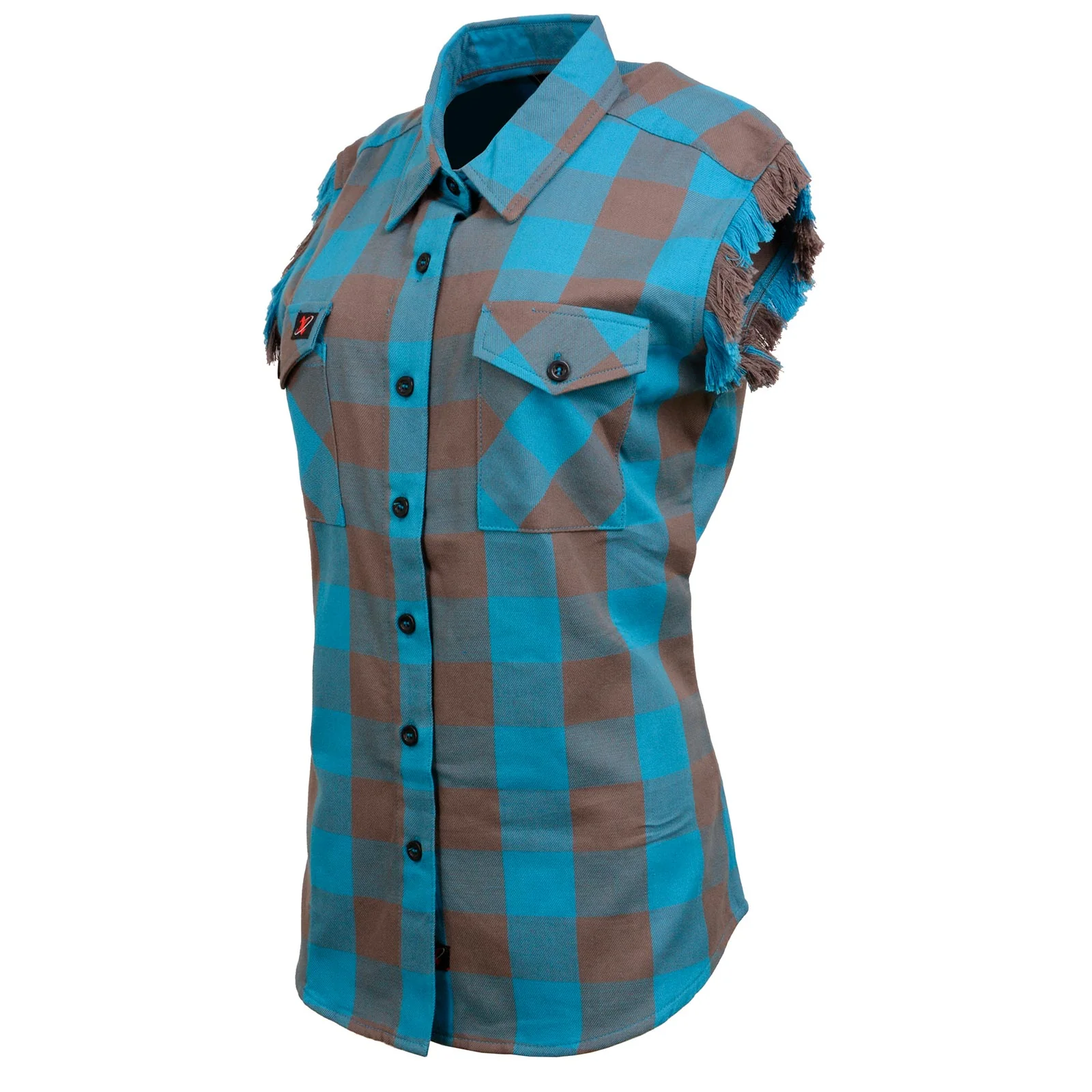 Milwaukee Leather MNG21623 Women's Flannel Brown/Aqua Button Down Sleeveless Cut Off Shirt w/ Frill Arm - Image 16