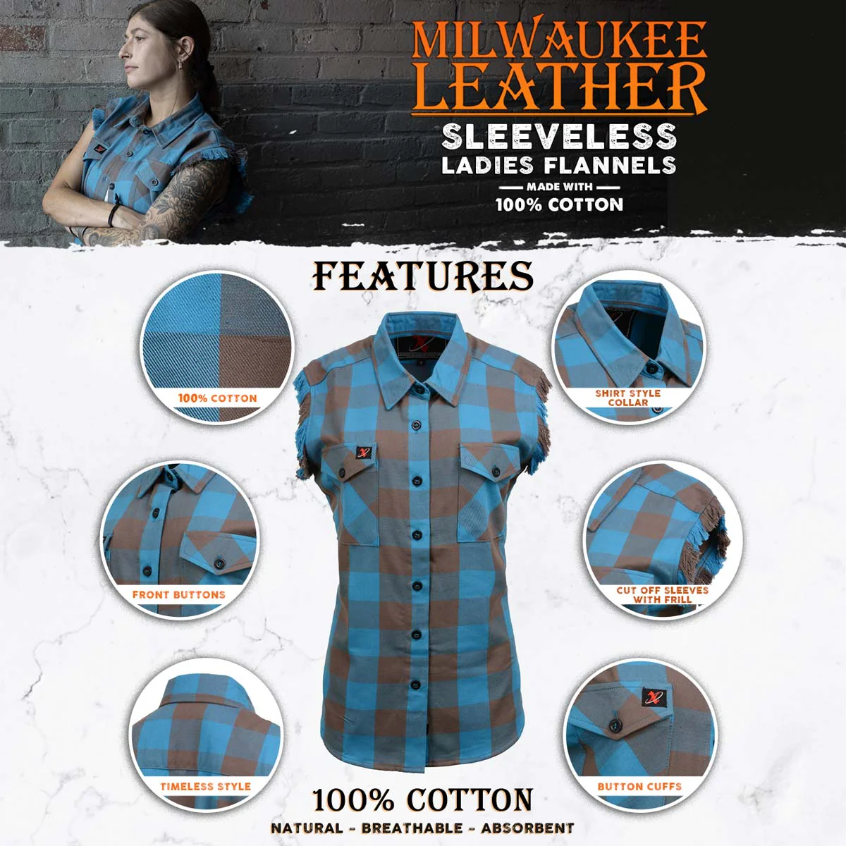 Milwaukee Leather MNG21623 Women's Flannel Brown/Aqua Button Down Sleeveless Cut Off Shirt w/ Frill Arm - Image 2