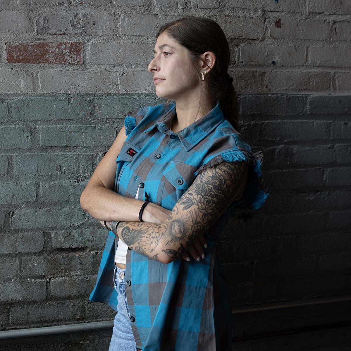 Milwaukee Leather MNG21623 Women's Flannel Brown/Aqua Button Down Sleeveless Cut Off Shirt w/ Frill Arm - Image 7