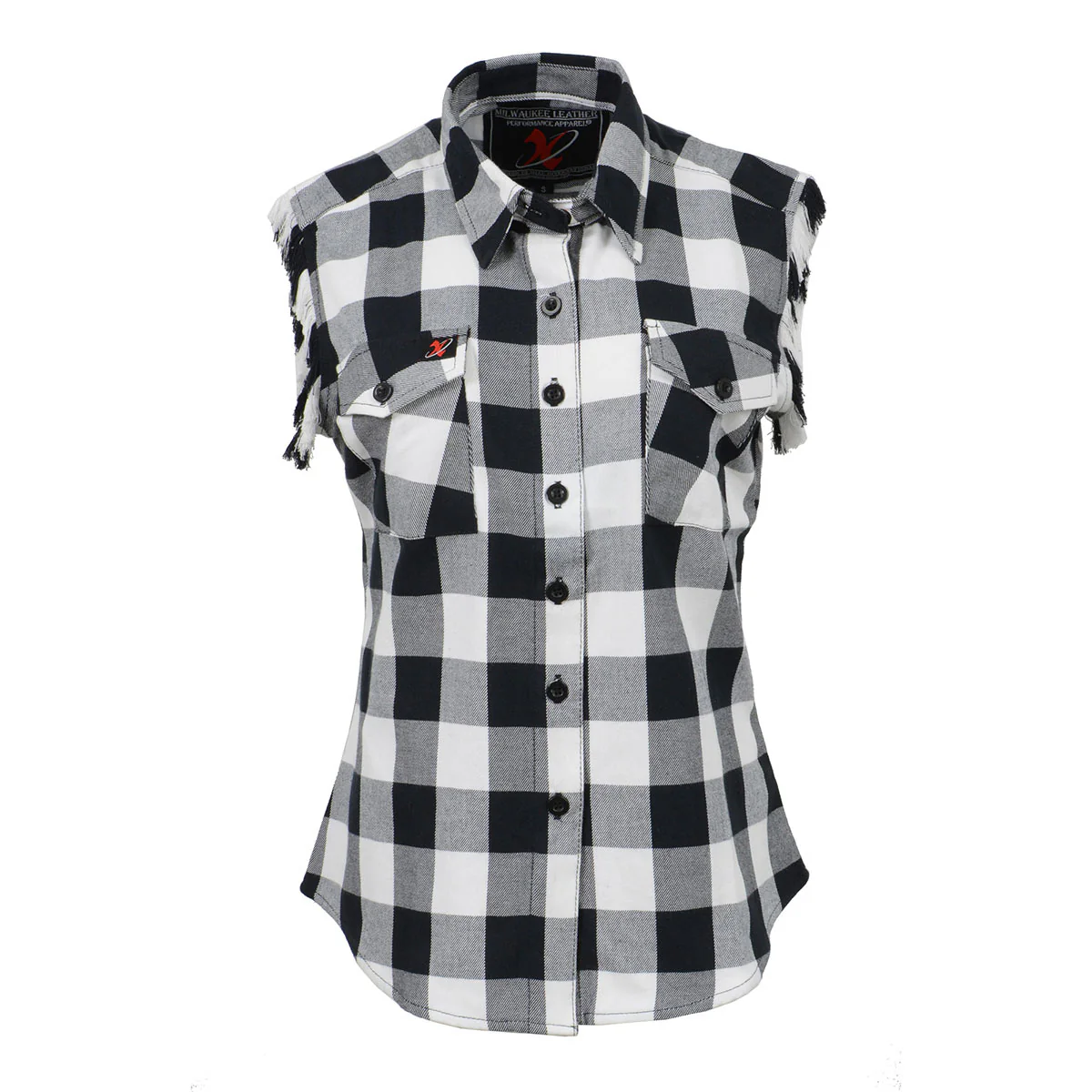 Milwaukee Leather MNG21625 Women's Flannel Down Sleeveless Shirt w/ Button Black / White & Cut Off Frill Arm Hole - Image 5