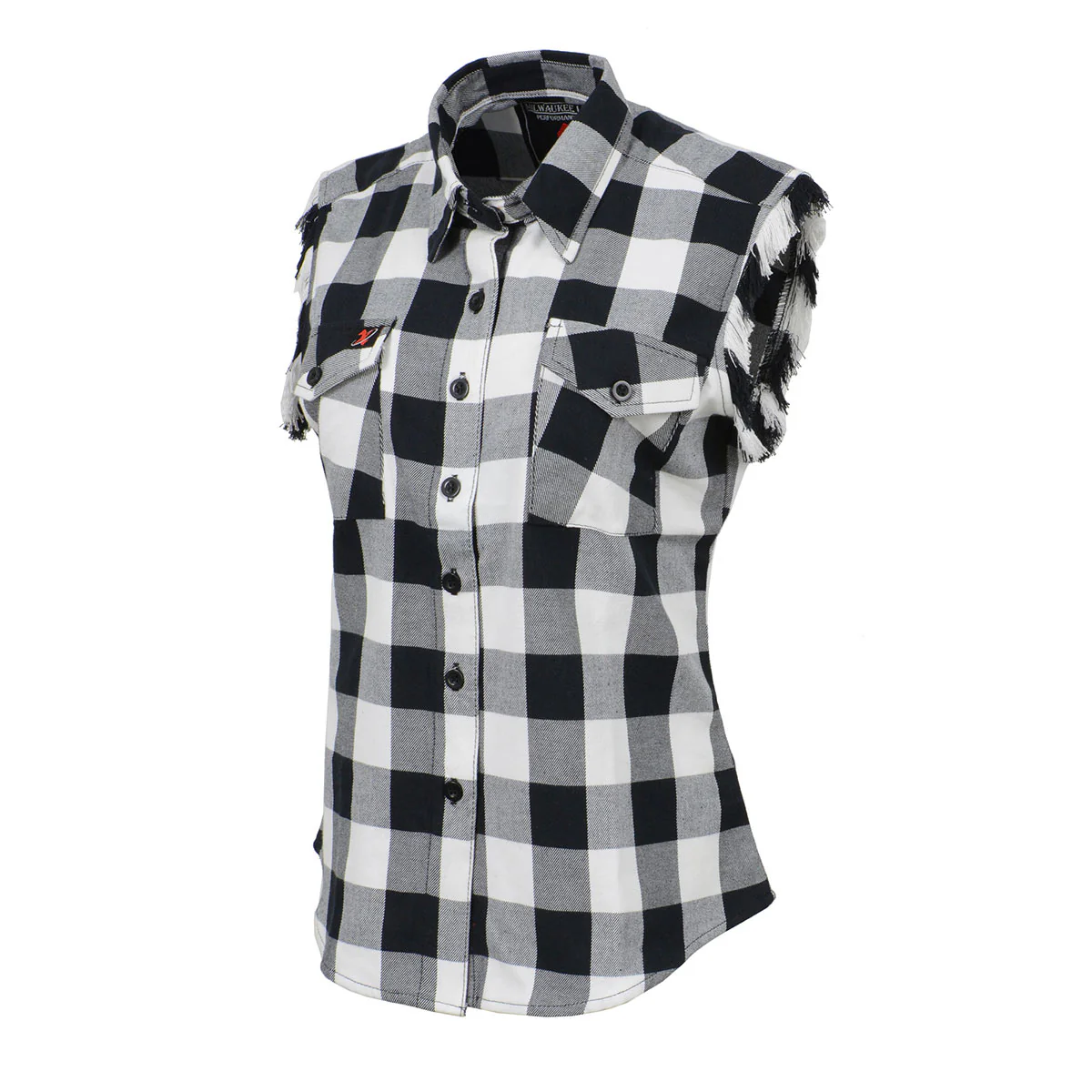 Milwaukee Leather MNG21625 Women's Flannel Down Sleeveless Shirt w/ Button Black / White & Cut Off Frill Arm Hole - Image 7