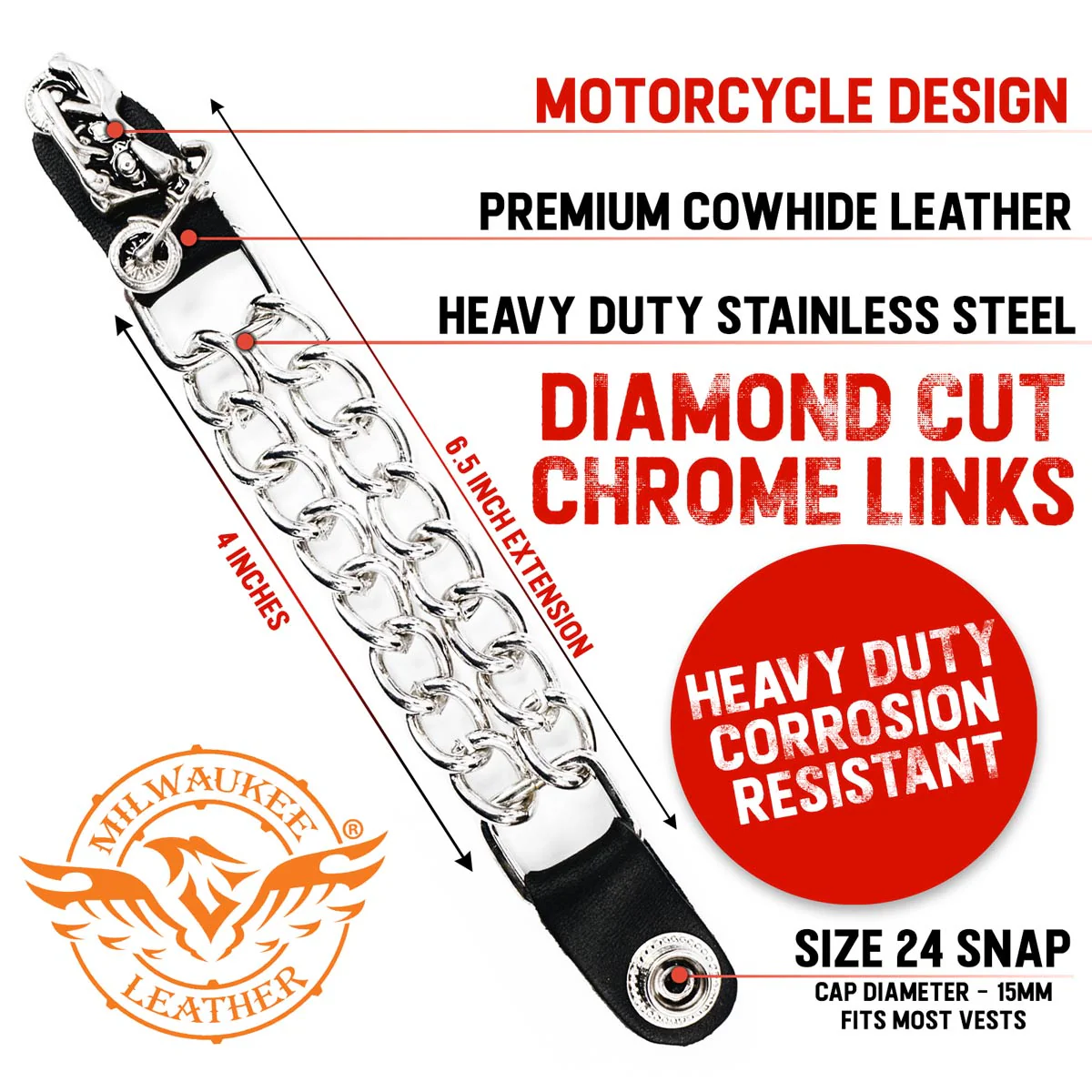 Milwaukee Leather Motorcycle Medallion Vest Extender - Double Chrome Chains Genuine Leather 6.5" Extension 4-PCS MLA6006SET - Image 2