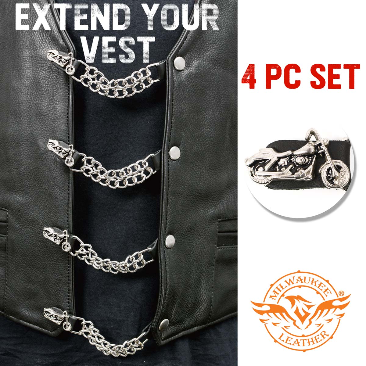 Milwaukee Leather Motorcycle Medallion Vest Extender - Double Chrome Chains Genuine Leather 6.5" Extension 4-PCS MLA6006SET - Image 3