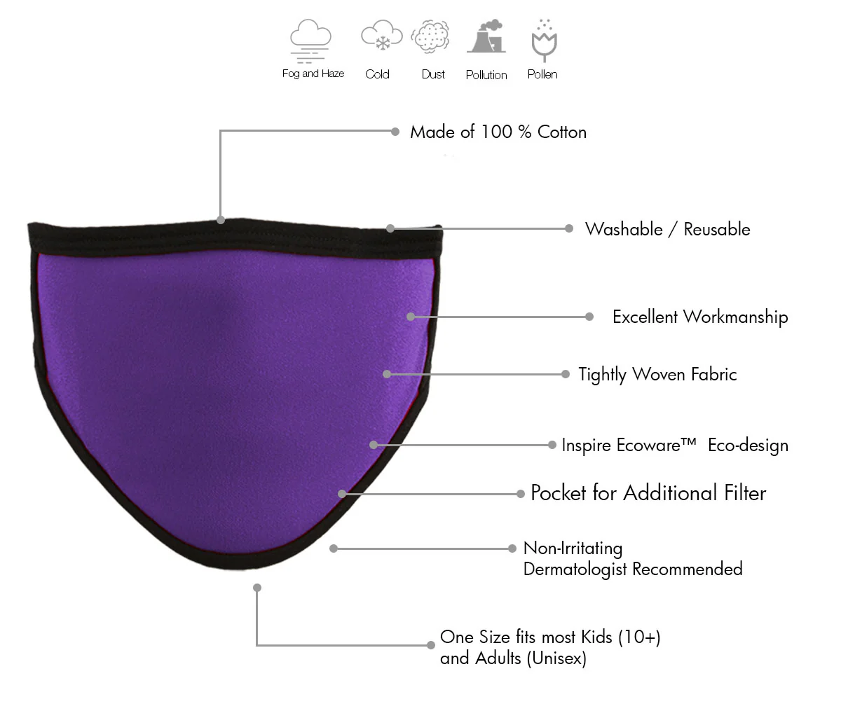 Milwaukee Leather MP7924FM Ladies 'Black and Purple' 100 % Cotton Protective Face Mask with Optional Filter Pocket - Image 2