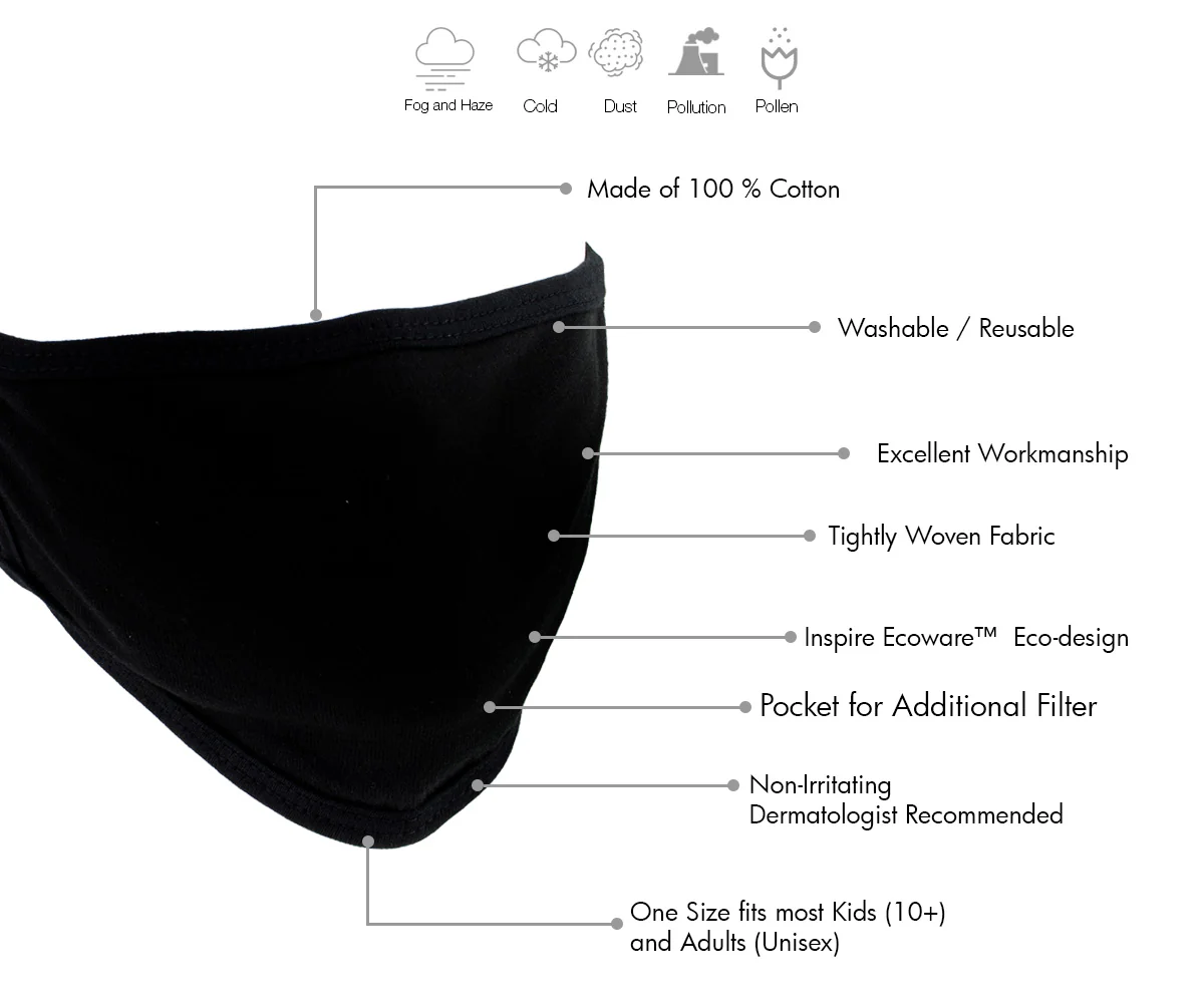 Milwaukee Leather MP7925FM Kids 'Solid Black' 100 % Cotton Protective Face Mask with Optional Filter Pocket - Image 2