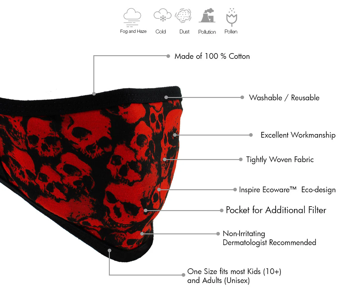 Milwaukee Leather MP7928FM 'Red Skulls' 100 % Cotton Protective Face Mask with Optional Filter Pocket - Image 2