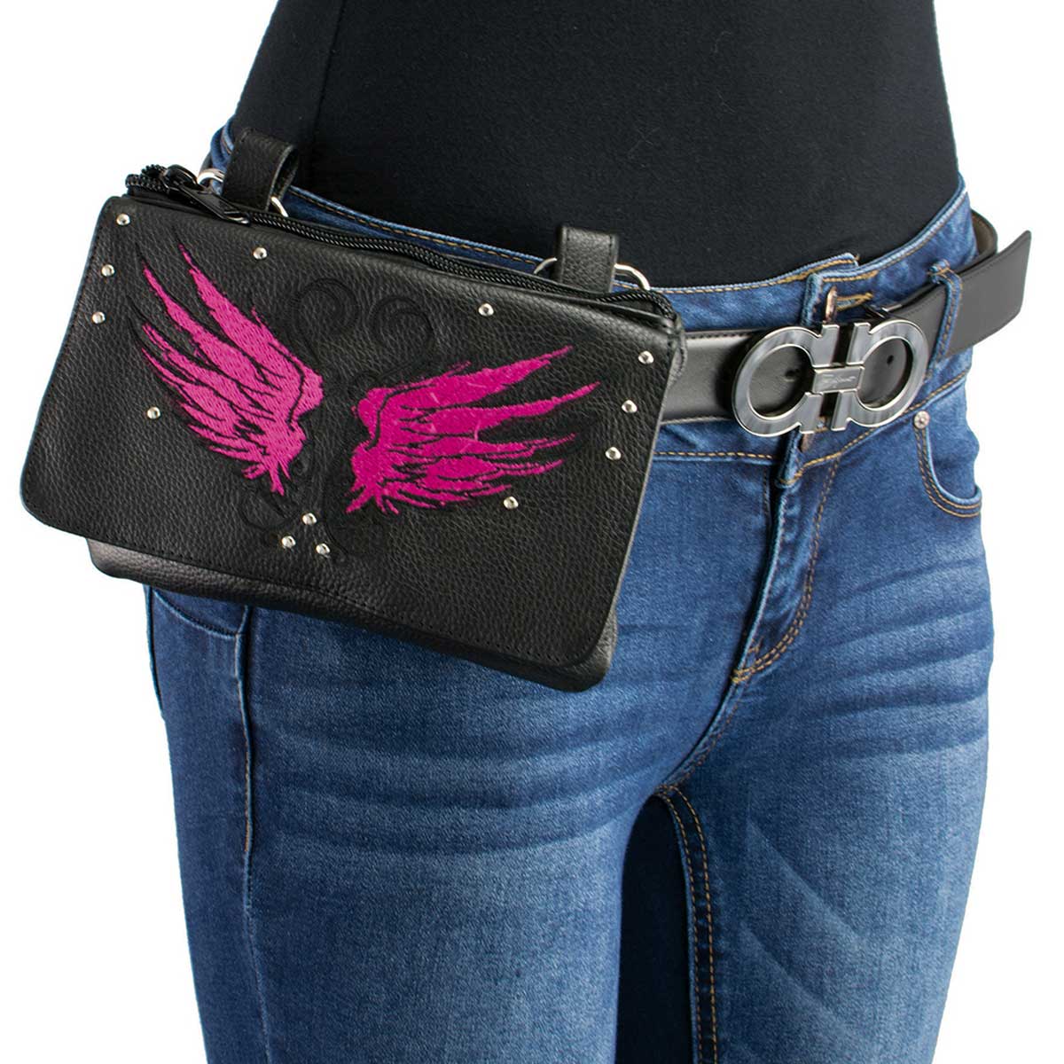 Milwaukee Leather MP8850 Ladies 'Winged' Leather Black and Pink Multi-Pocket Belt Bag - Image 2