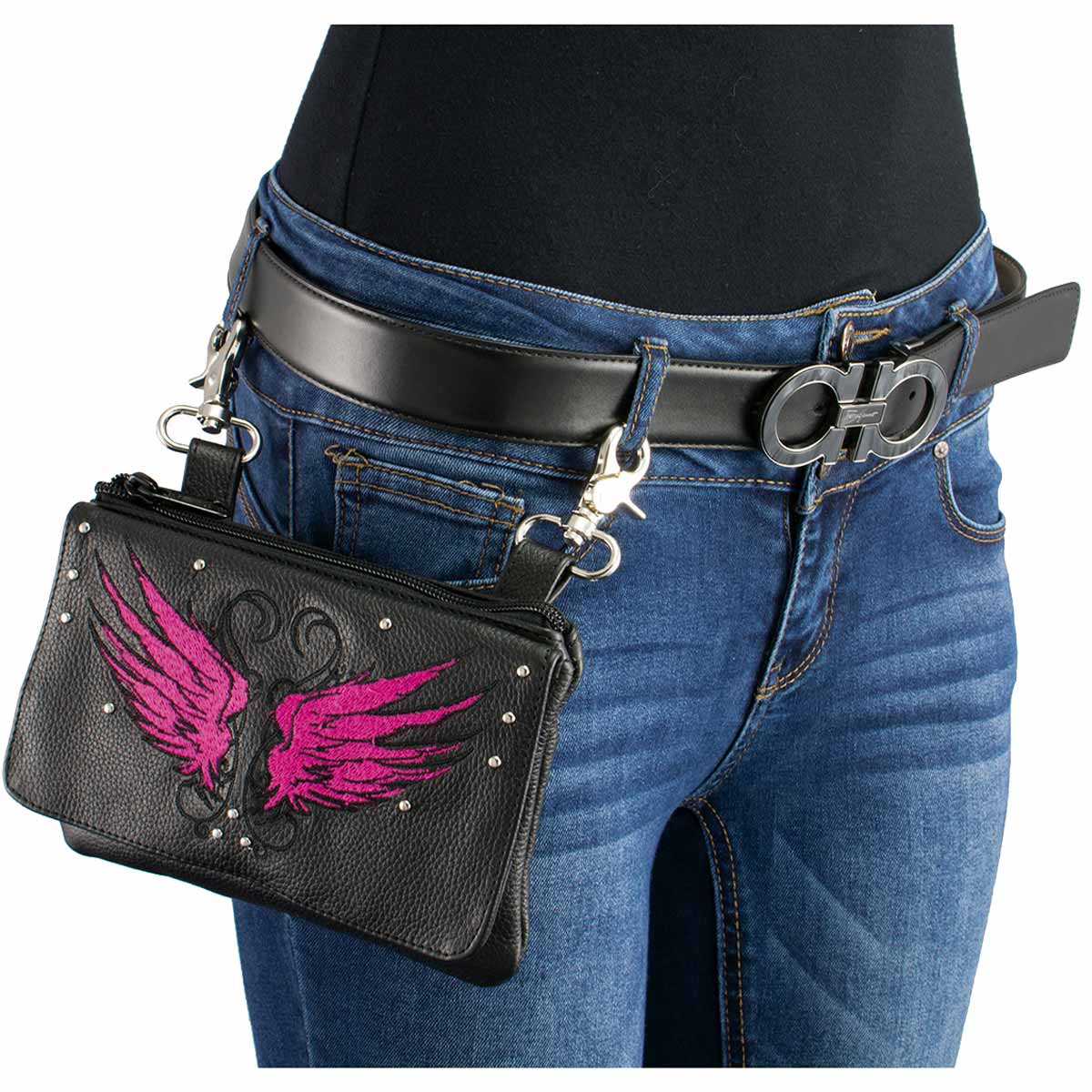 Milwaukee Leather MP8850 Ladies 'Winged' Leather Black and Pink Multi-Pocket Belt Bag - Image 3