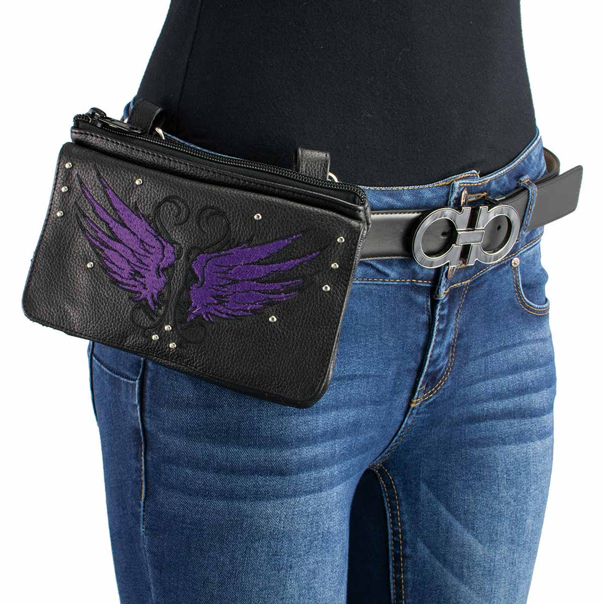 Milwaukee Leather MP8850 Ladies Leather 'Winged' Black and Purple Multi Pocket Belt Bag - Image 2